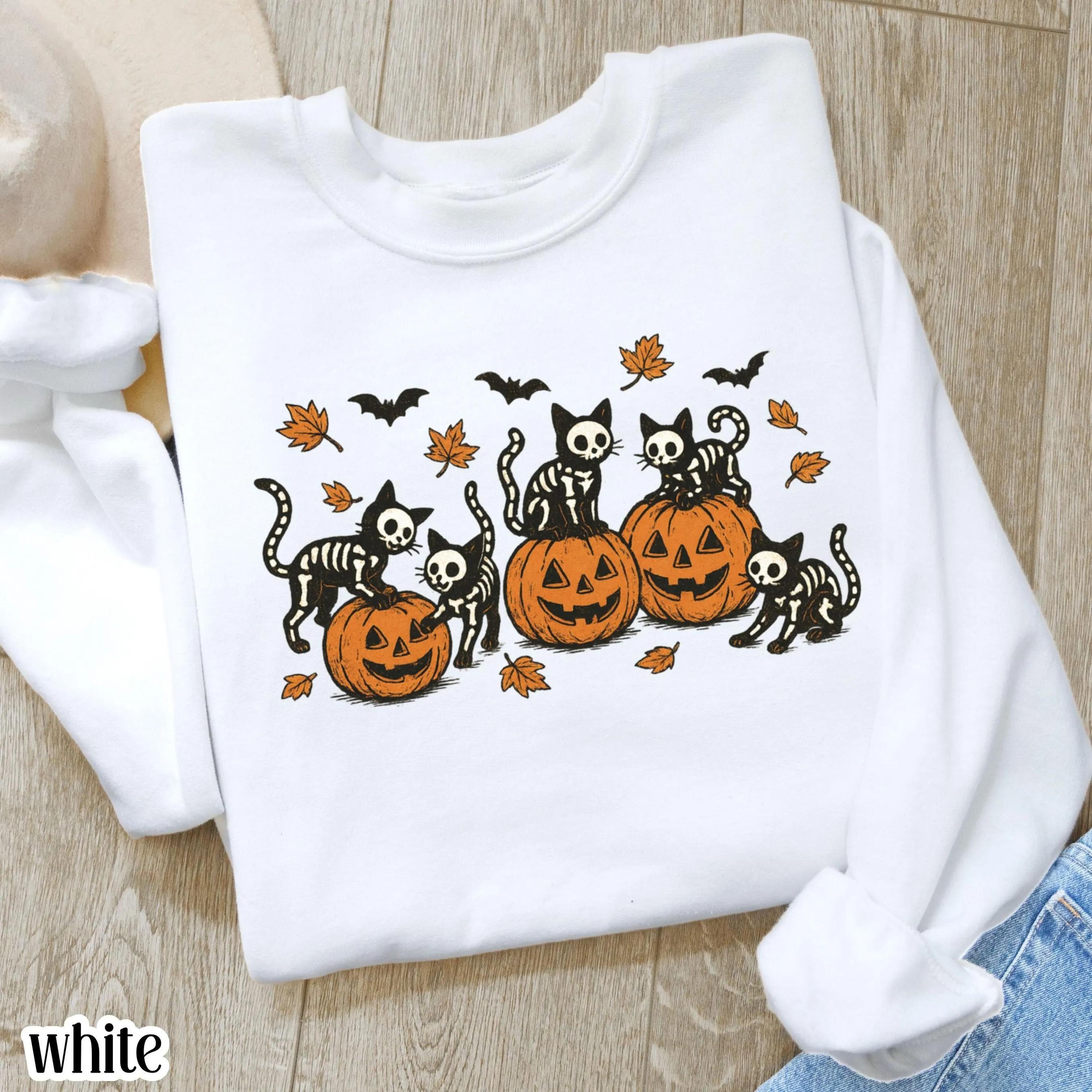 vintage black cat halloween sweatshirt | retro pumpkin jack-o'-lantern crewneck | cozy spooky season sweater