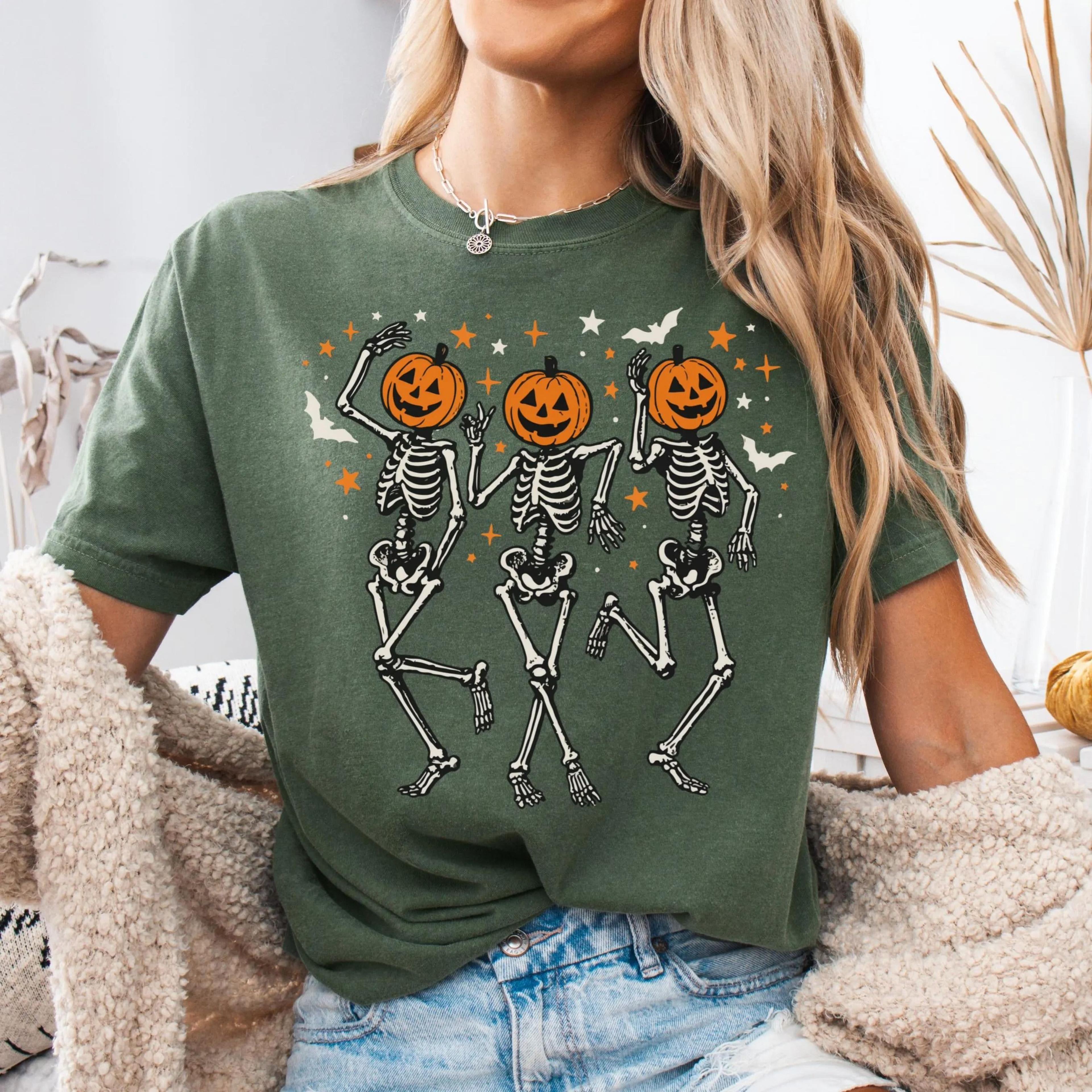 halloween skeleton shirt | dancing skeleton pumpkin tee | gothic spooky season graphic t-shirt