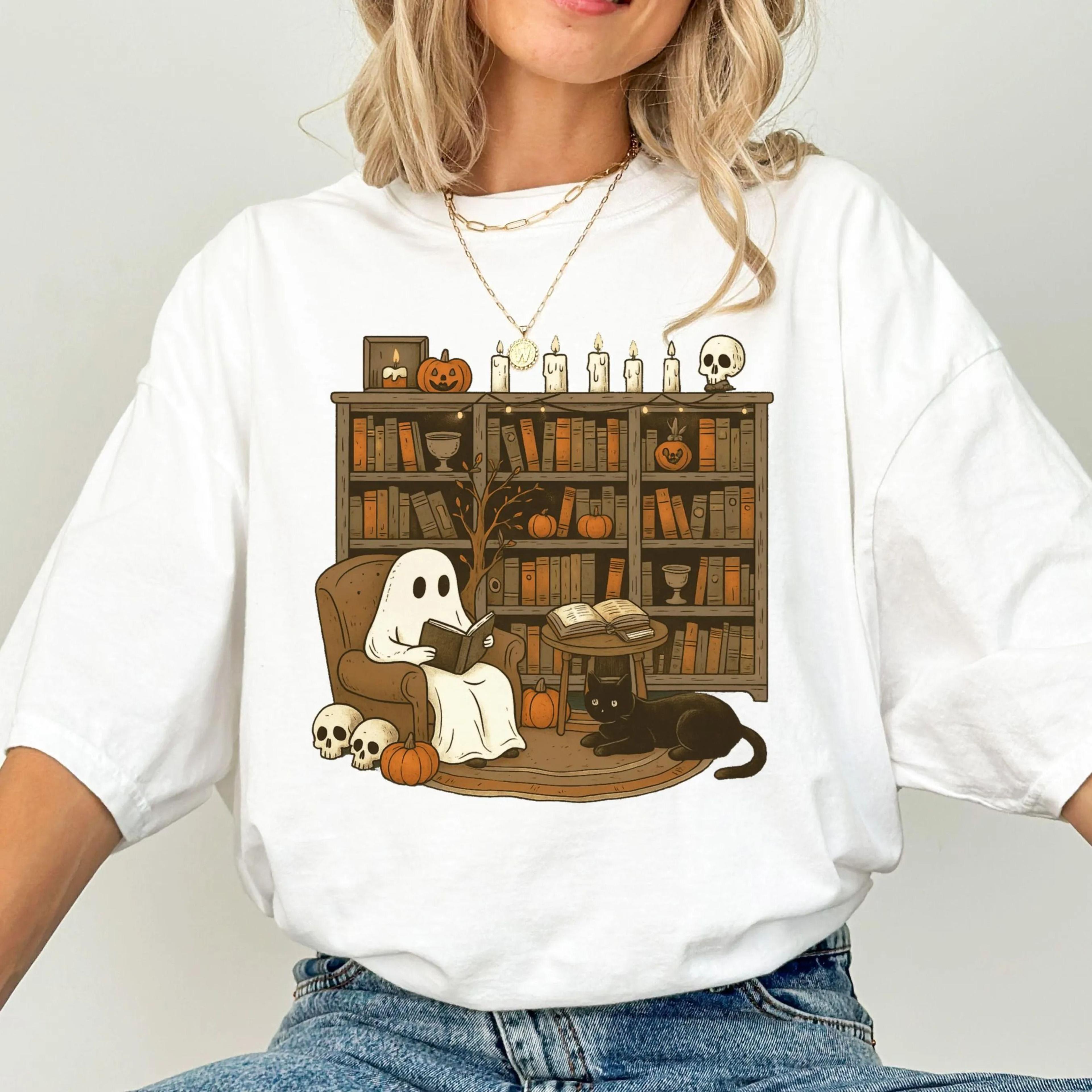 halloween teacher reading shirt | library ghost & black cat tee | spooky fall graphic t-shirt
