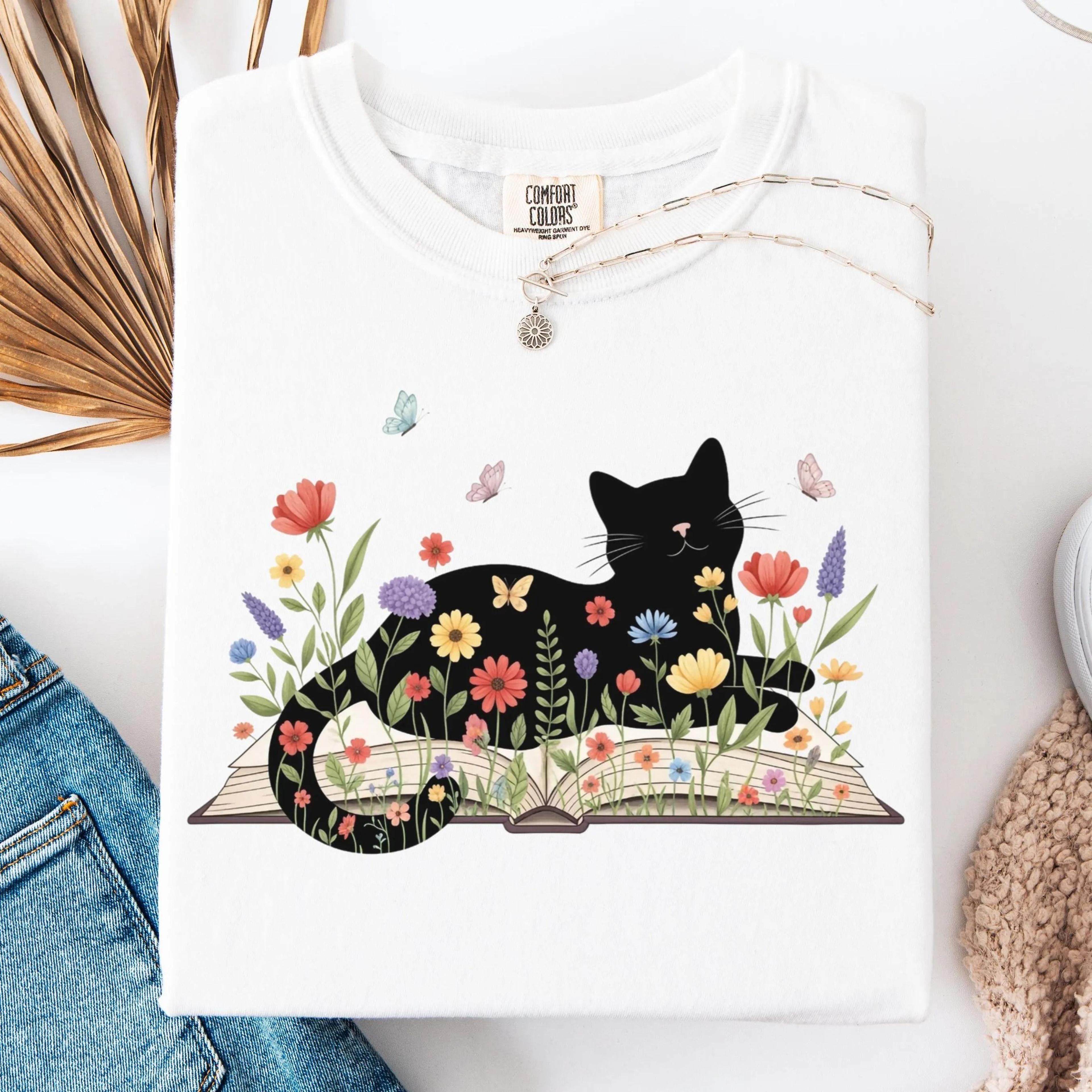 floral cat reading shirt booktrovert cat lover t-shirt cute book cat graphic tee literary cat lover gift