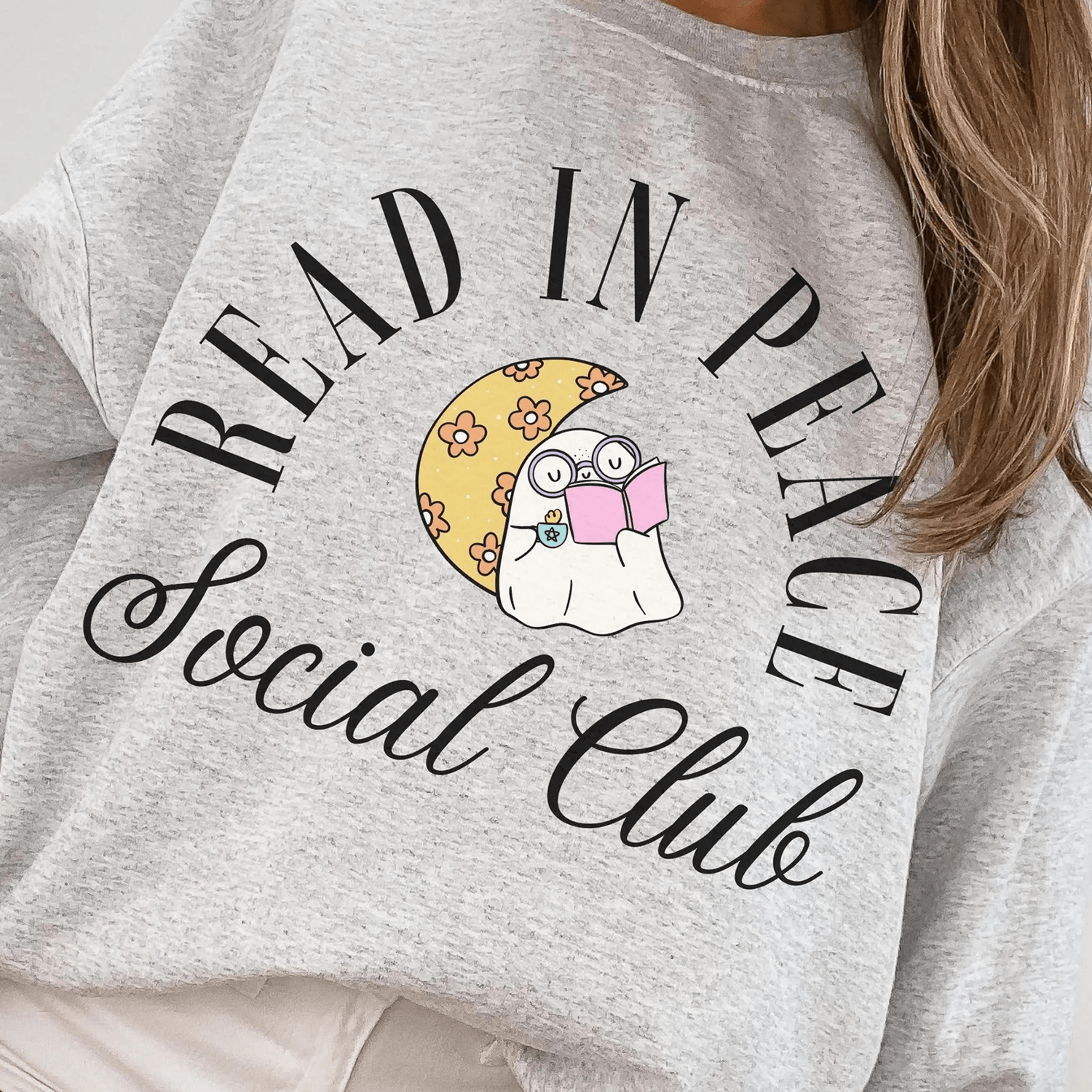 retro bookish ghost sweatshirt halloween reading social club crewneck vintage spooky book lover sweater cozy fall