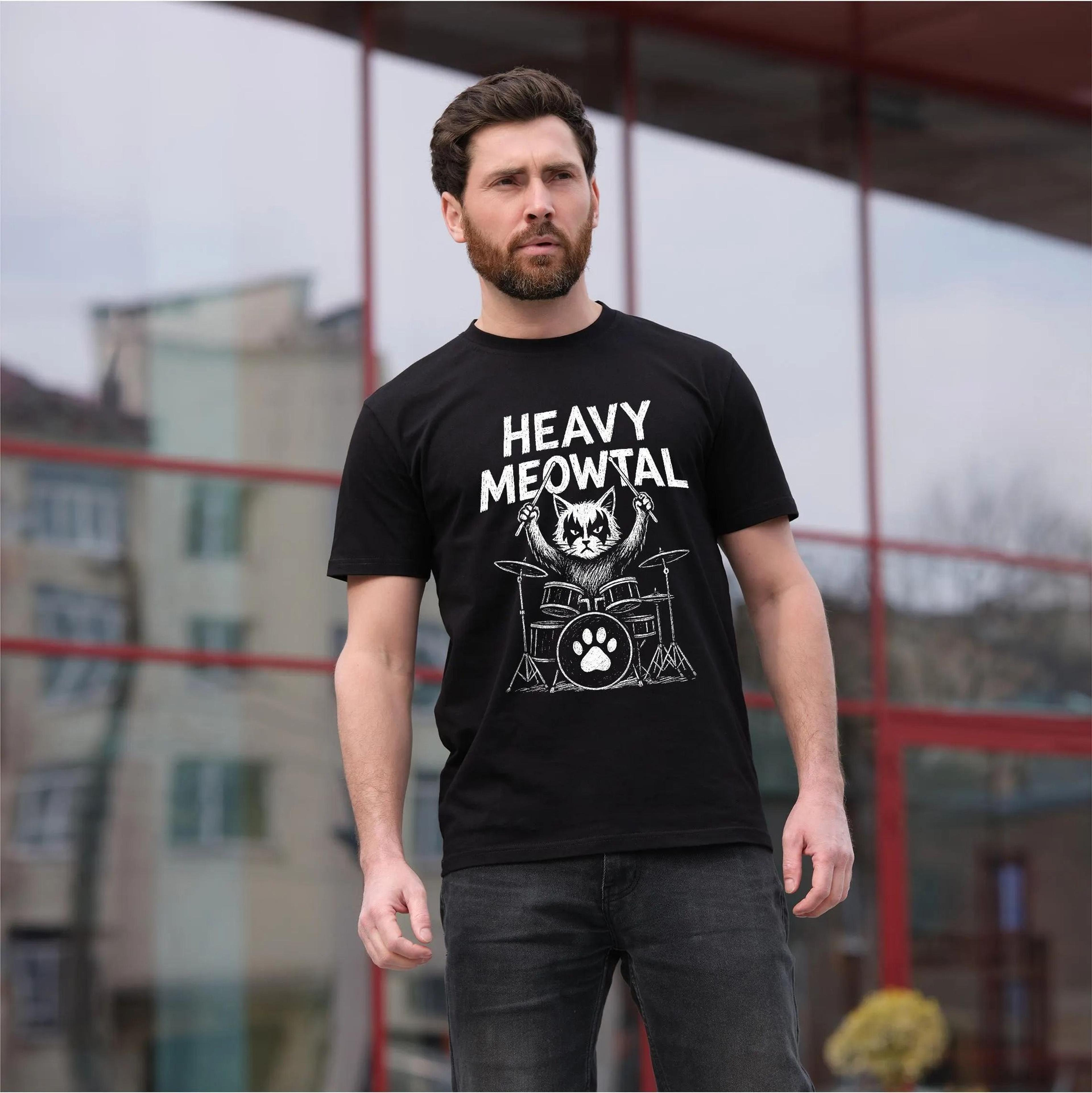 men's heavy meowtal t-shirt: funny musician cat tee