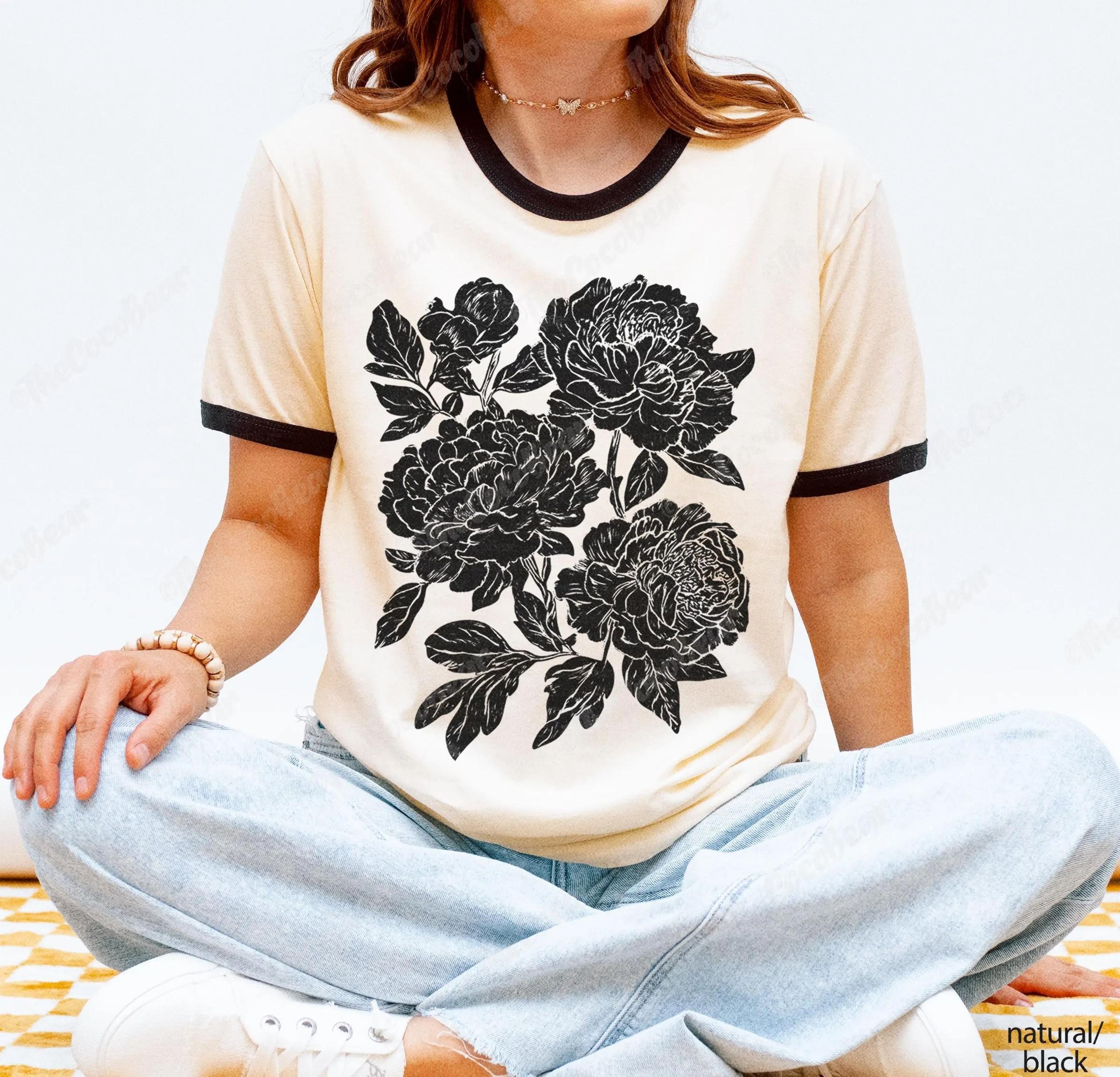 retro linocut peonies ringer t-shirt cottagecore floral graphic tee vintage botanical flower shirt boho garden gift for