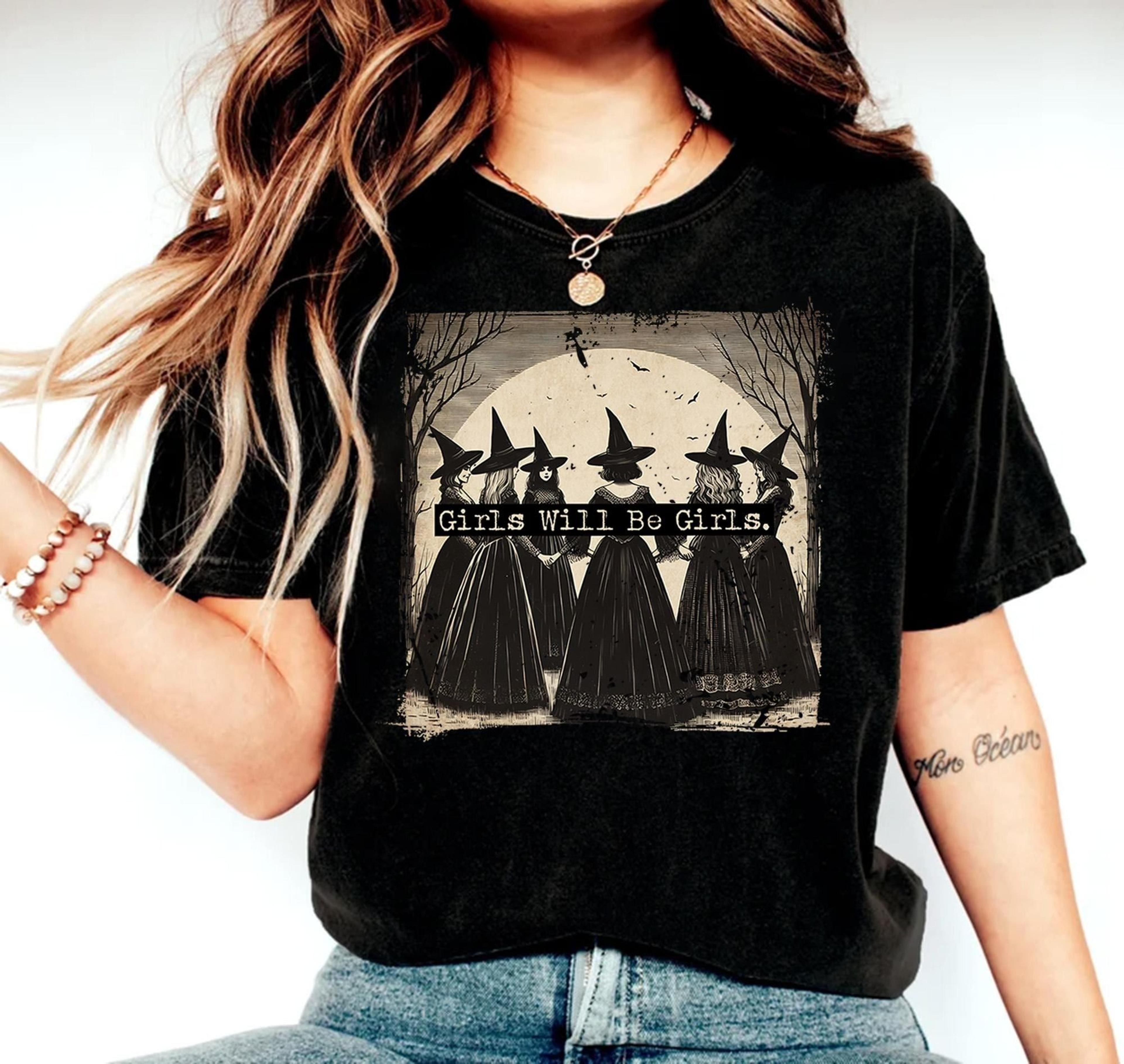 vintage girls will be girls witch halloween shirt funny witch graphic tee witchy vibes retro halloween t-shirt for women