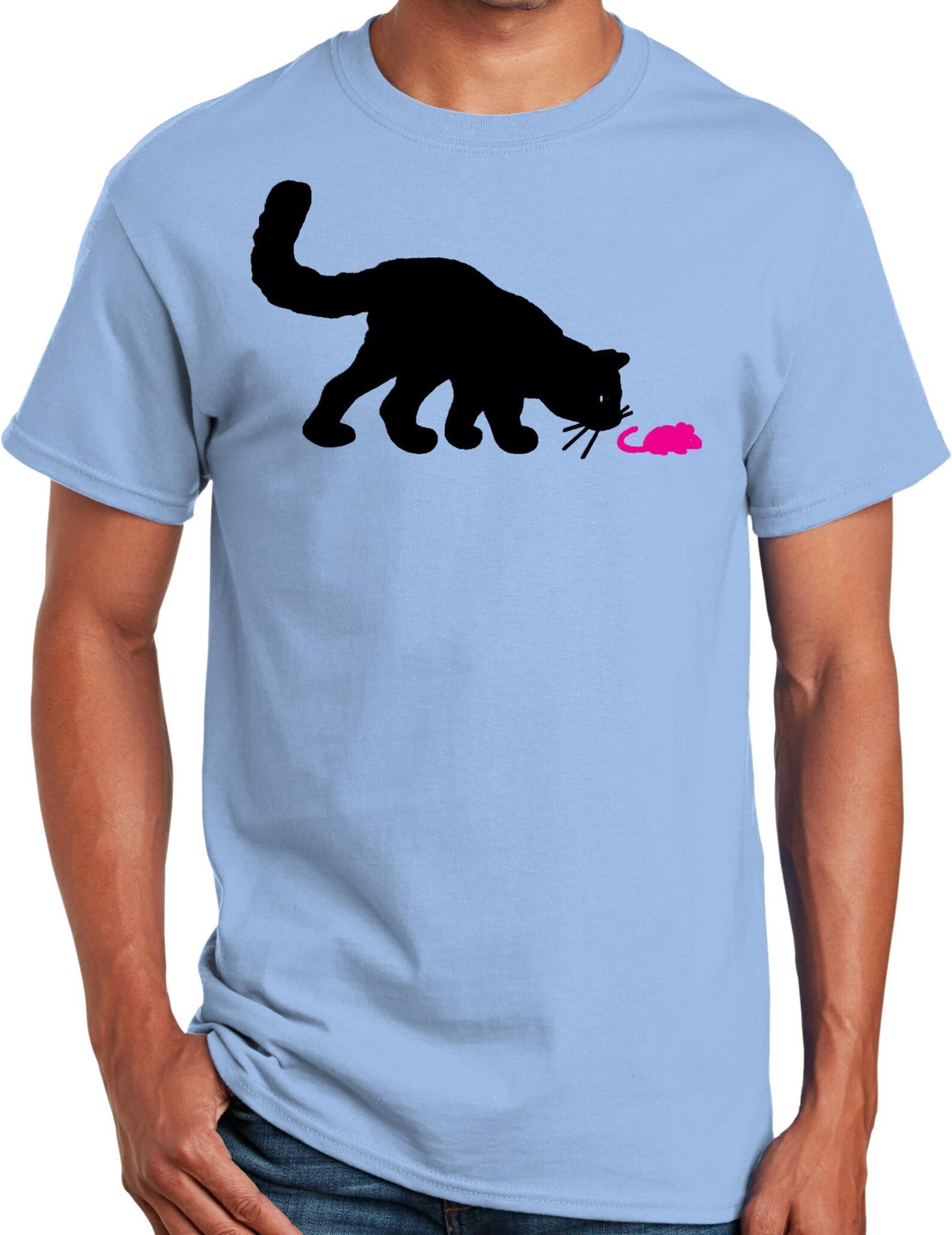 big and tall funny black cat sniffing pink mouse t shirt