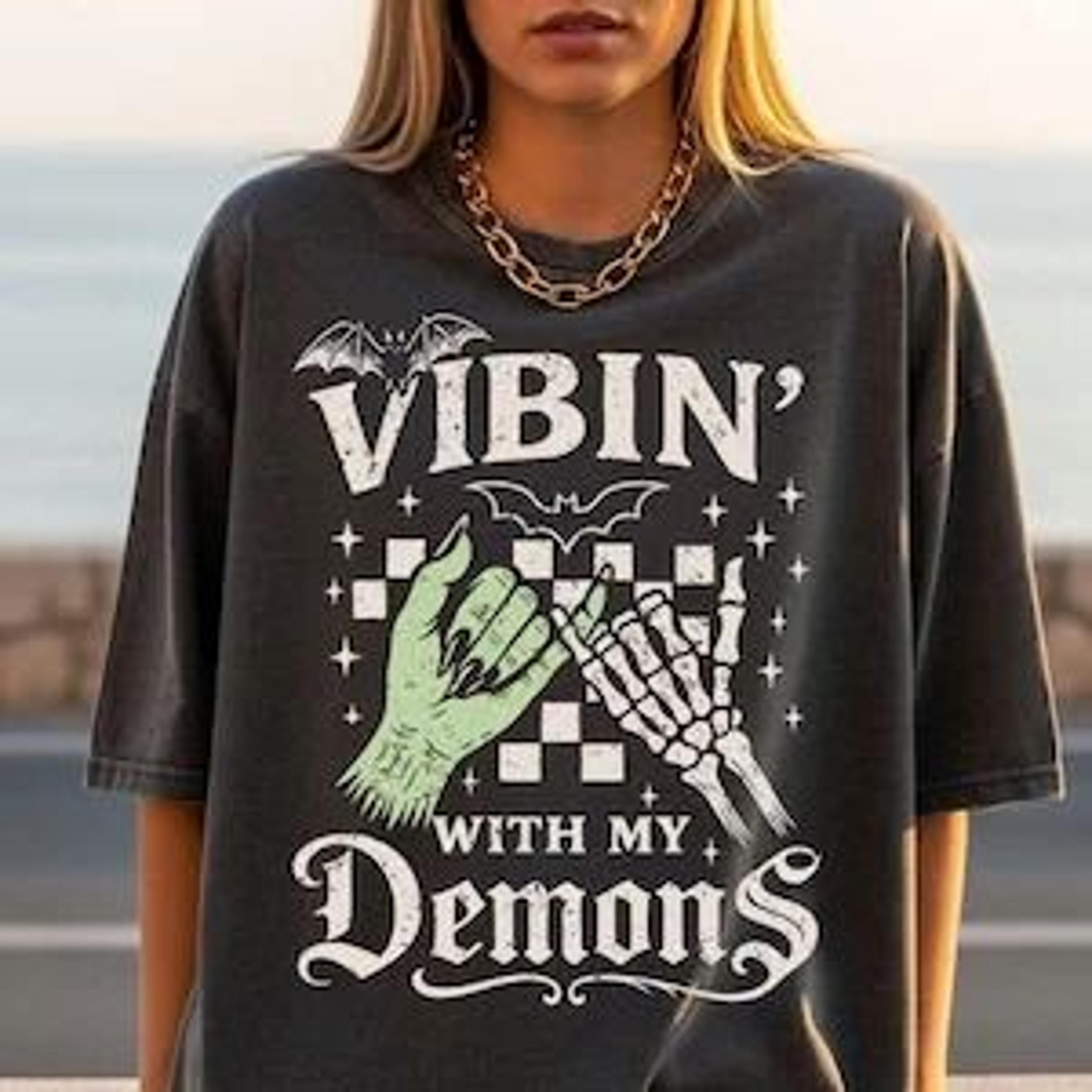 vibing with my demons comfort colors shirt – spooky halloween graphic tees, vintage oversized gothic t-shirt