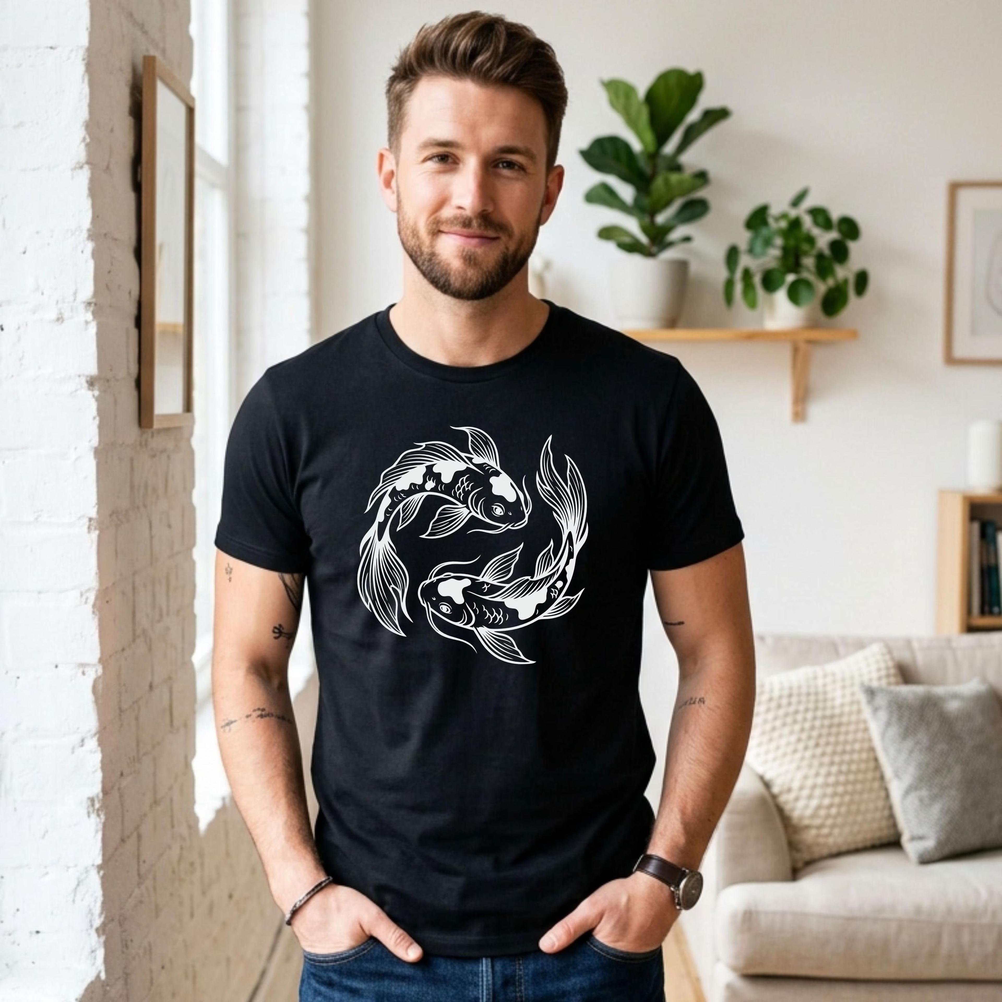 yin yang koi t shirt, japanese wave art tee, koi fish balance graphic printed shirt, asian style symbol shirt, japanese