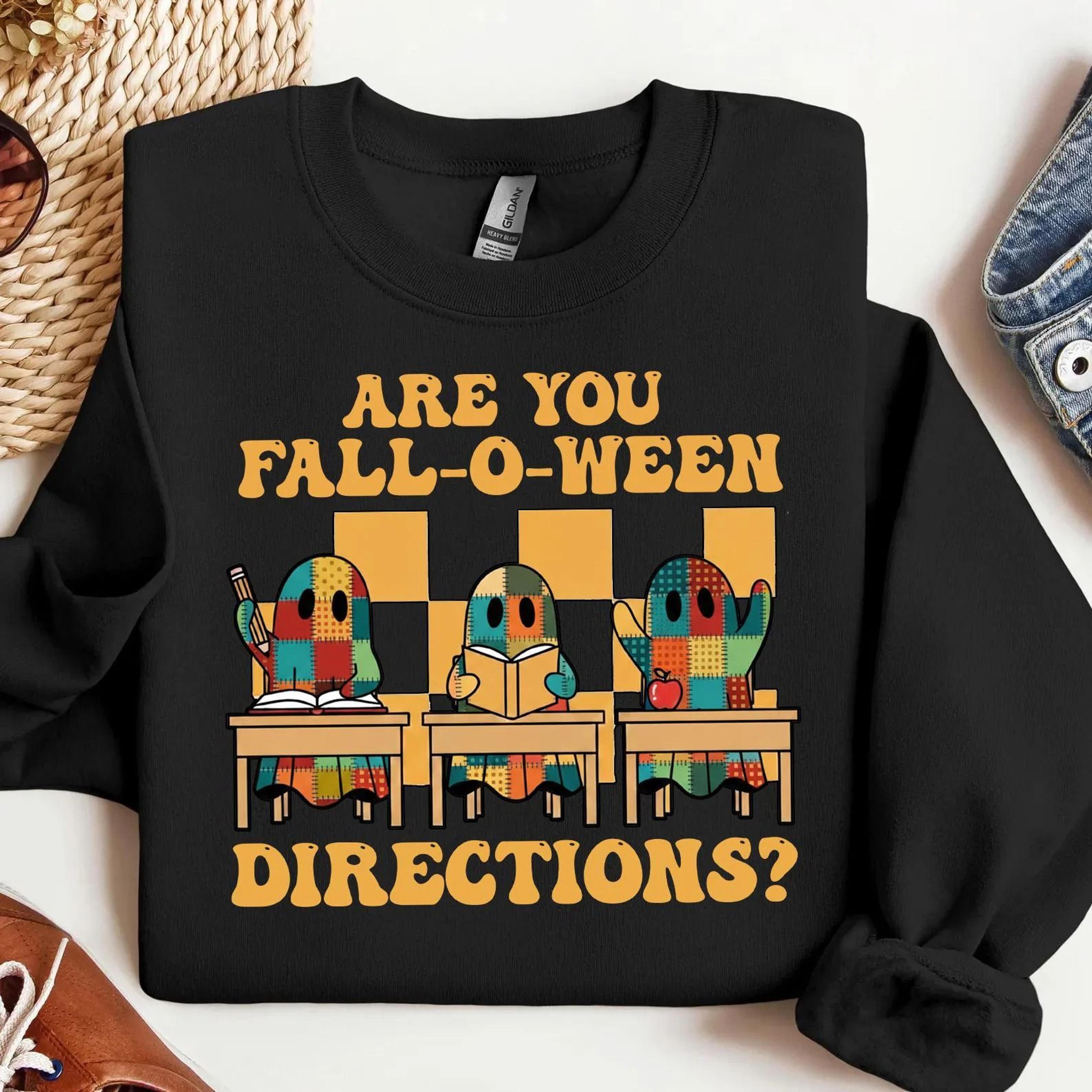 are you fall-o-ween directions" retro ghost sweatshirt, funny teacher halloween shirt, patchwork ghost crewneck, vintage