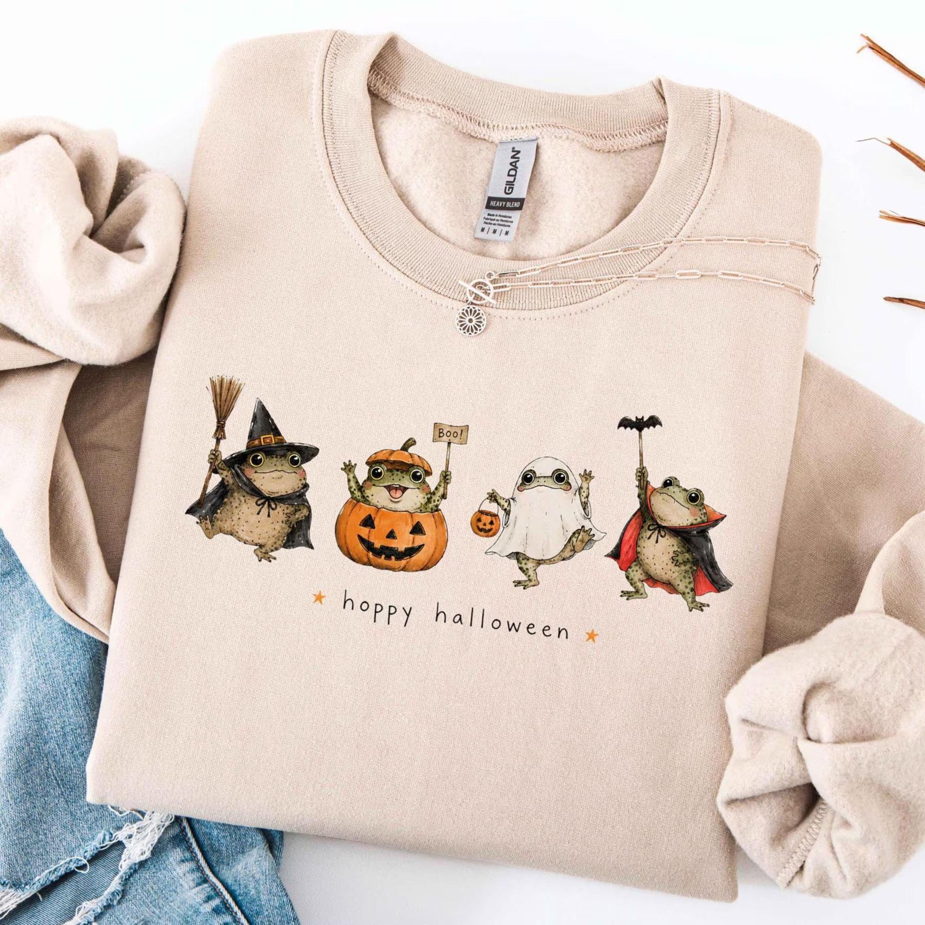 happy halloween frog sweatshirt cute ghost pumpkin witch crewneck