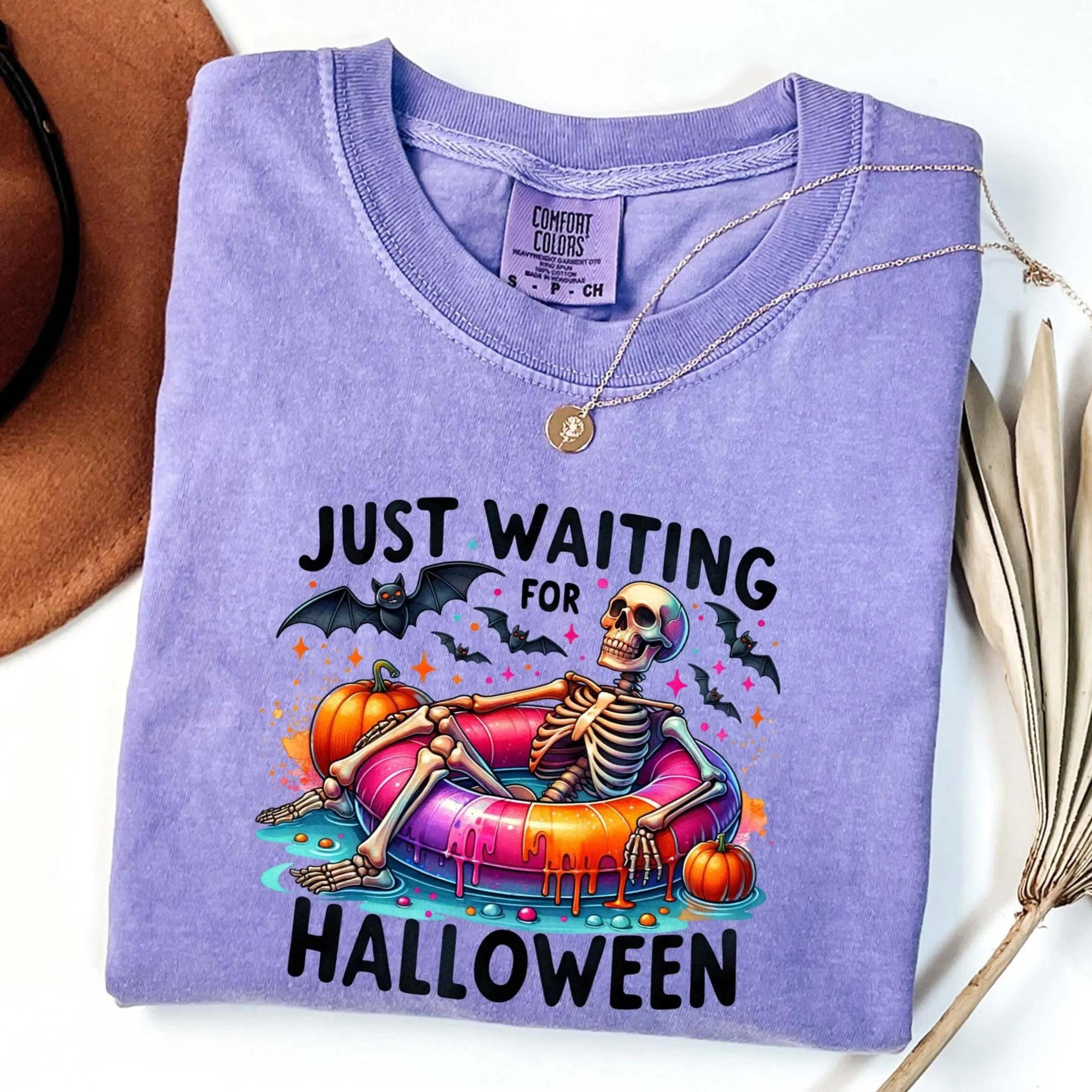 just waiting for halloween shirt funny skeleton spooky season tee