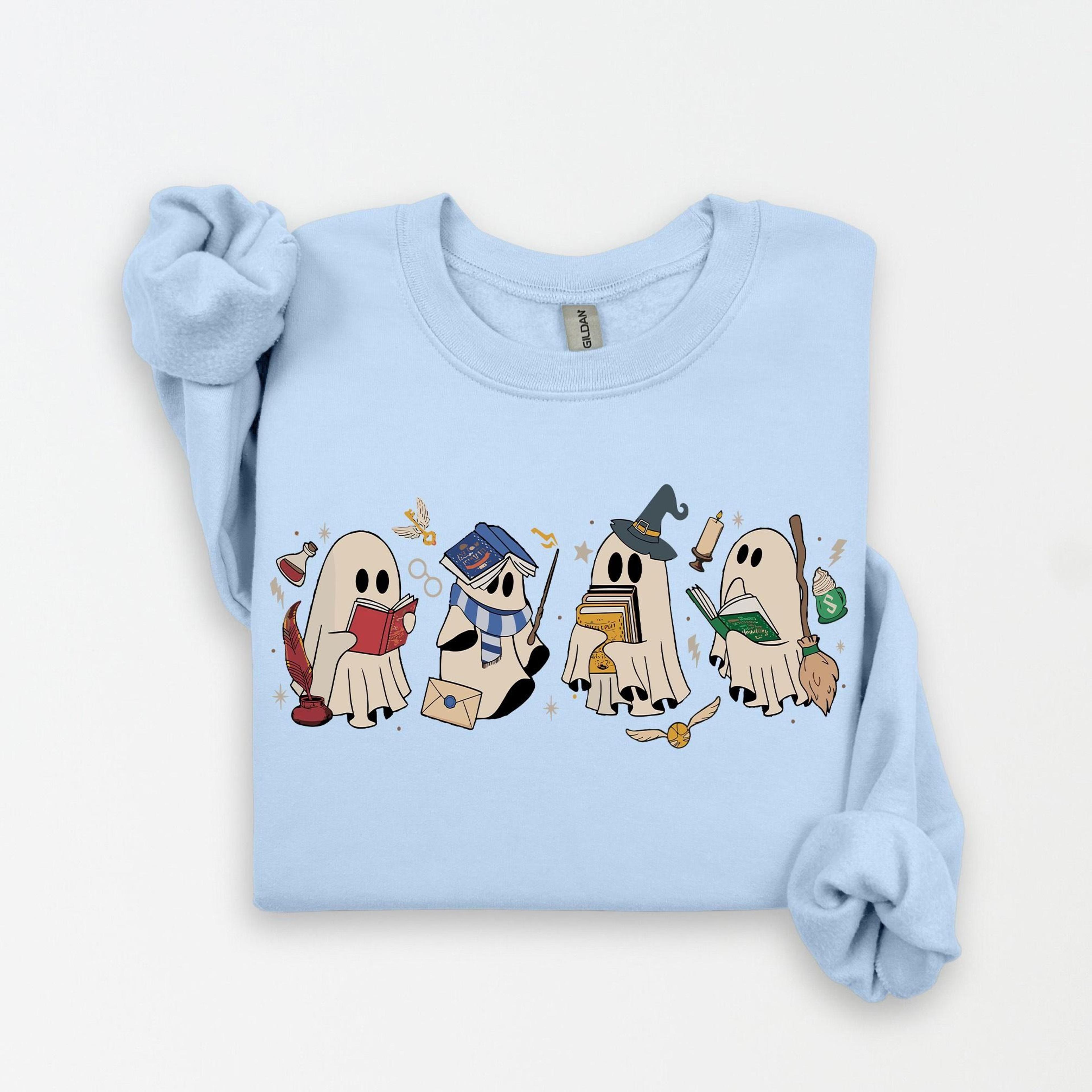retro ghost reading books sweatshirt librarian boo school crewneck