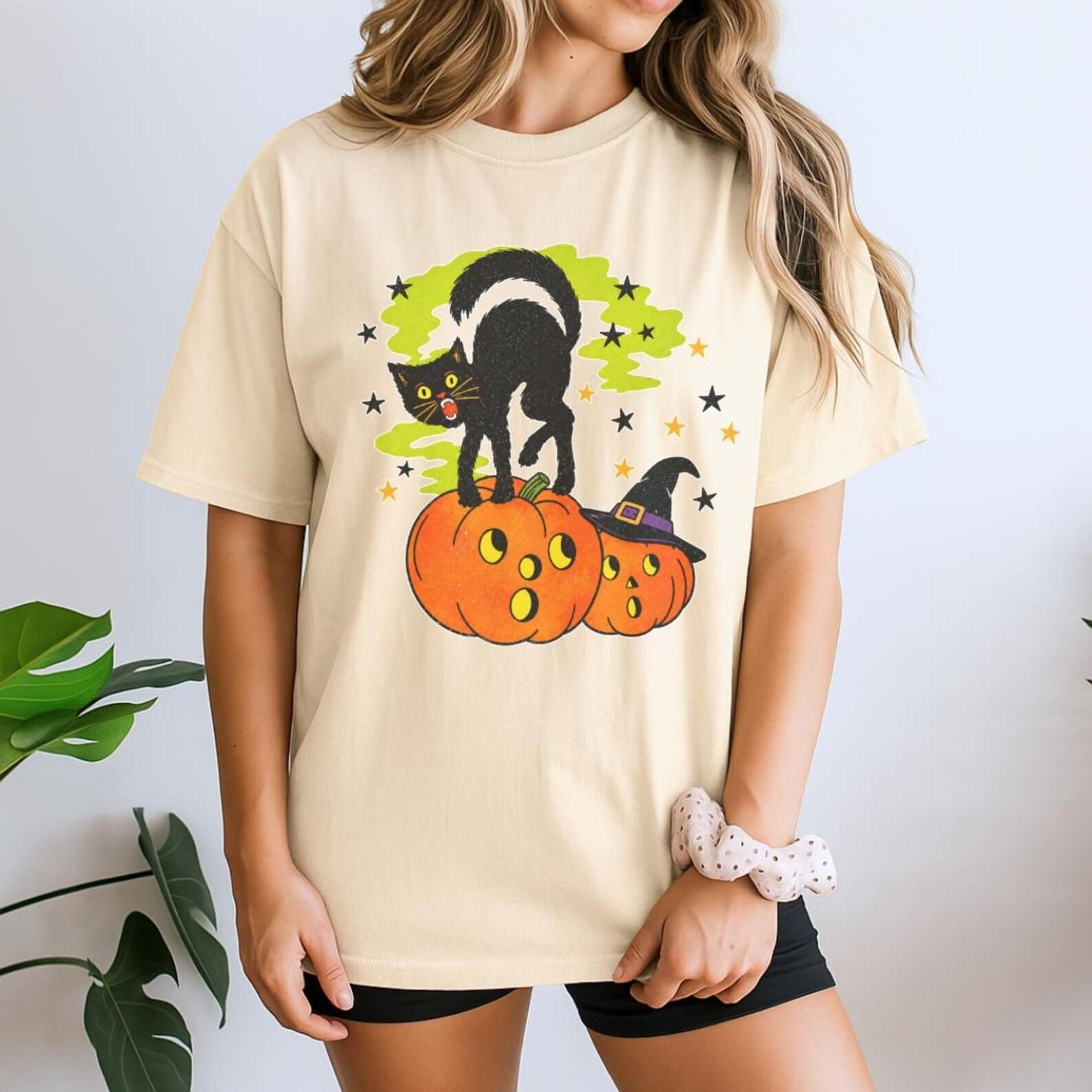 black cat & pumpkin shirt, halloween shirt, spooky season shirt, gothic shirt, cat lover gift, black cat tee, women's ha
