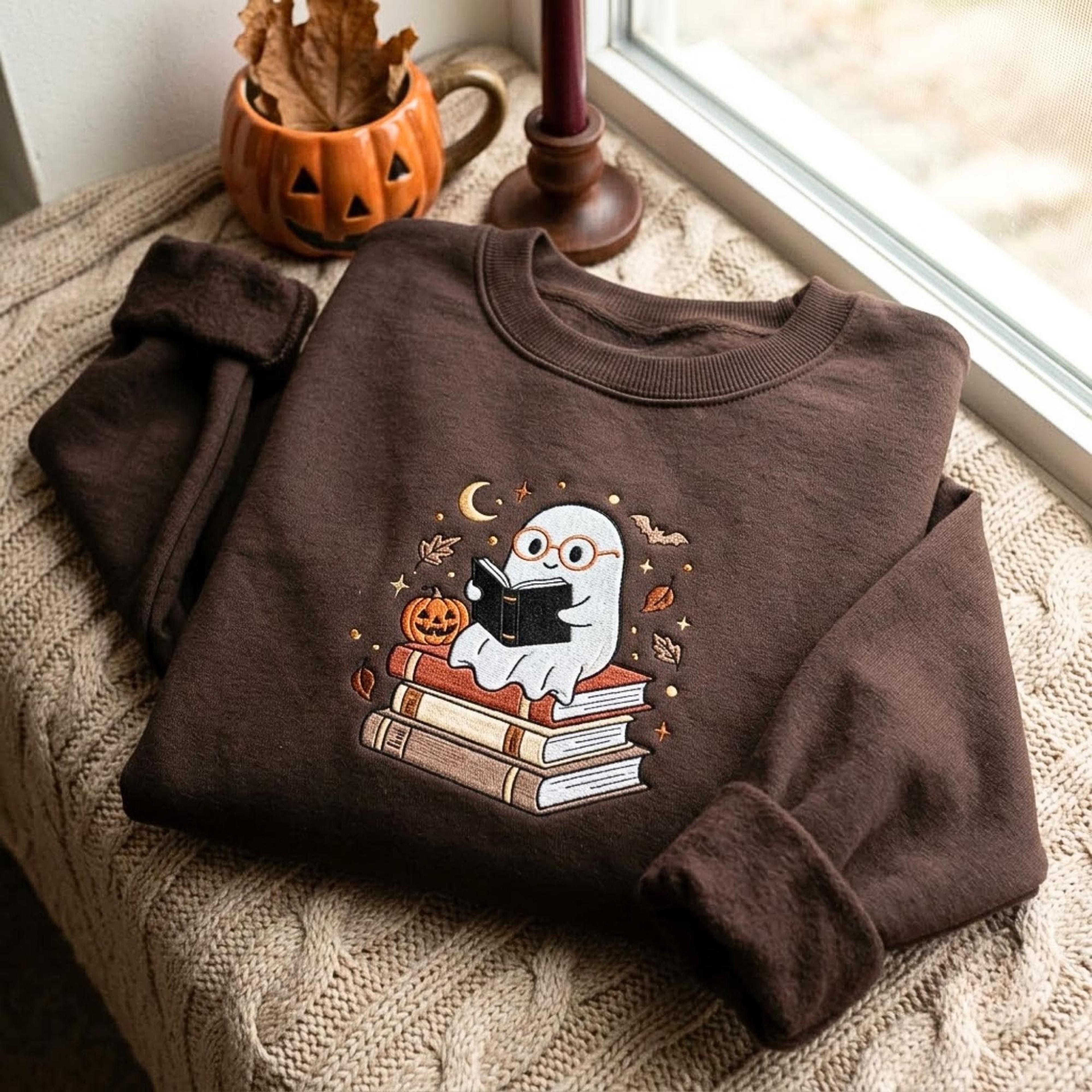 ghost reading books sweatshirt, spooky season book lover gift