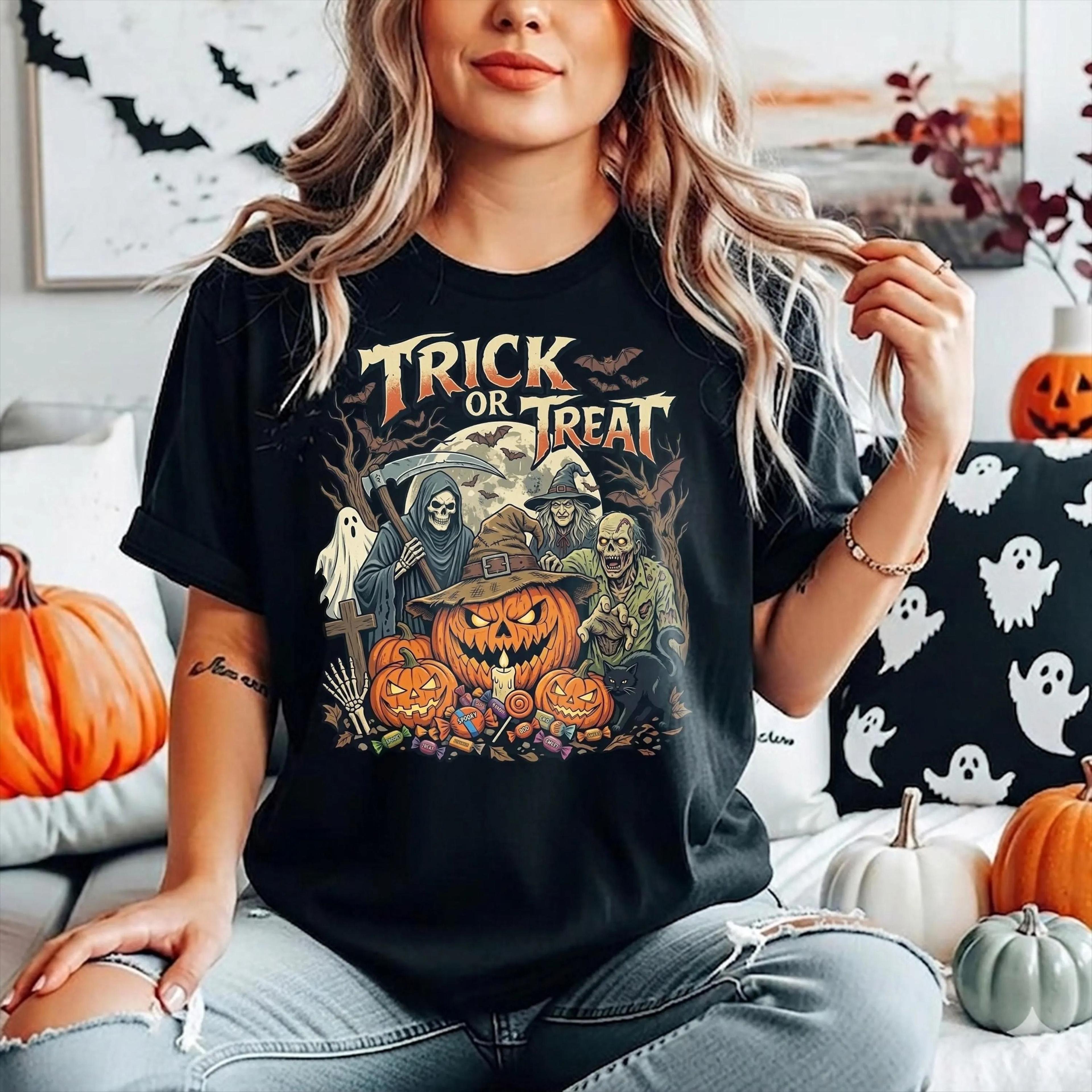 retro trick or treat halloween shirt, trendy spooky season tee, vintage ghost graphic t-shirt