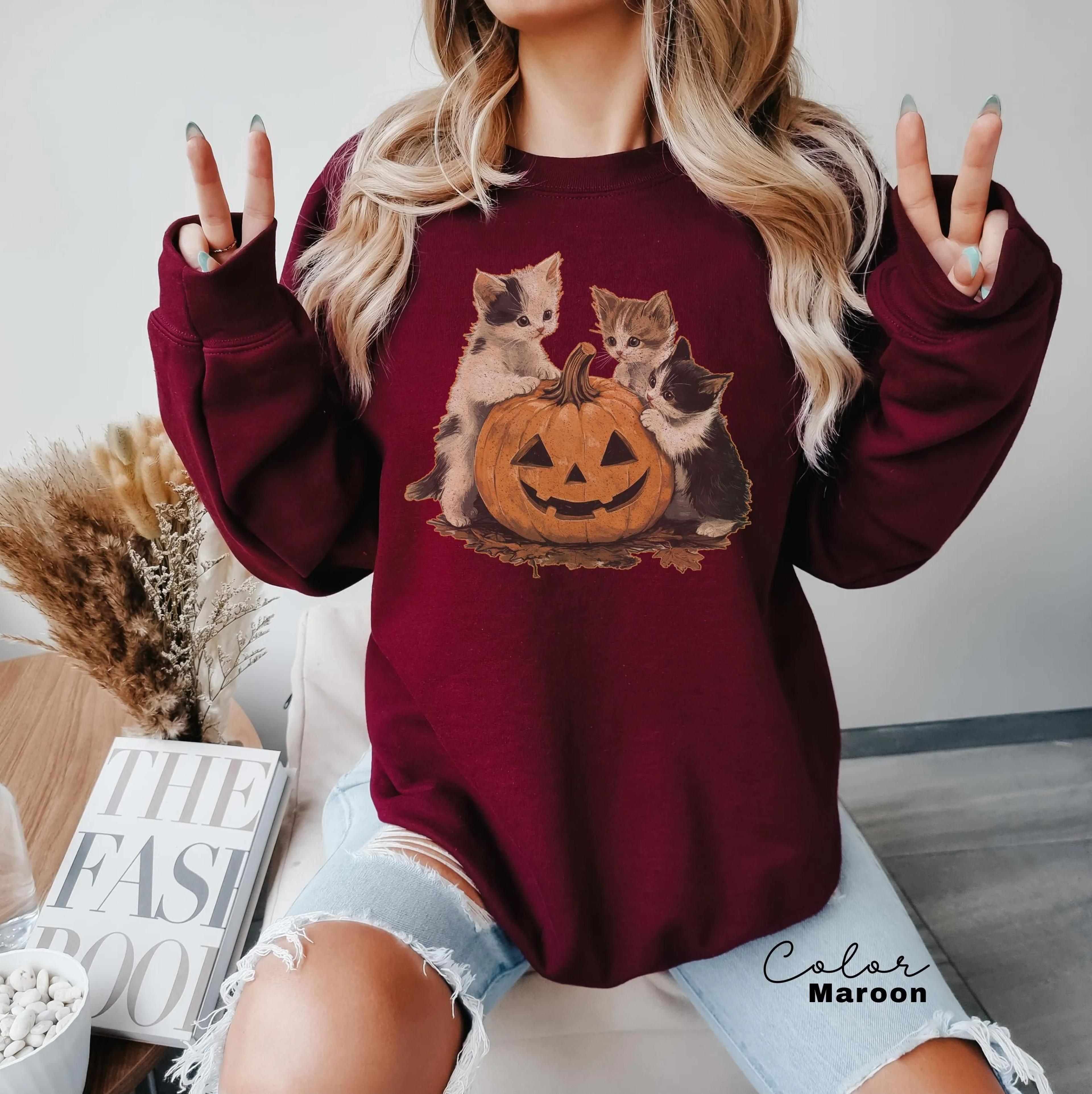 vintage 90s cat halloween sweatshirt, retro halloween shirt, spooky season tee, pumpkin shirt