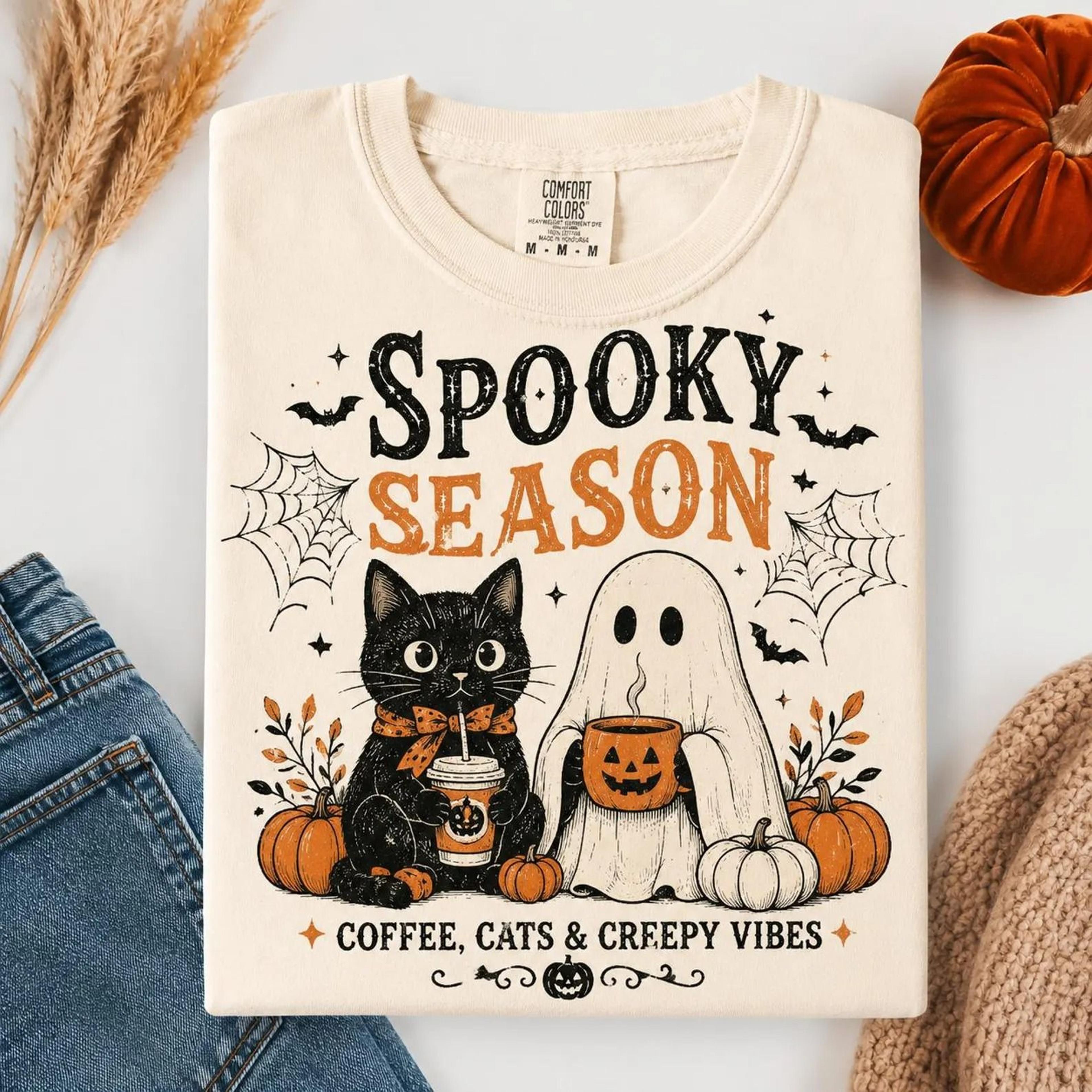 pooky season coffee cats & creepy vibes shirt, cute black cat ghost halloween tee