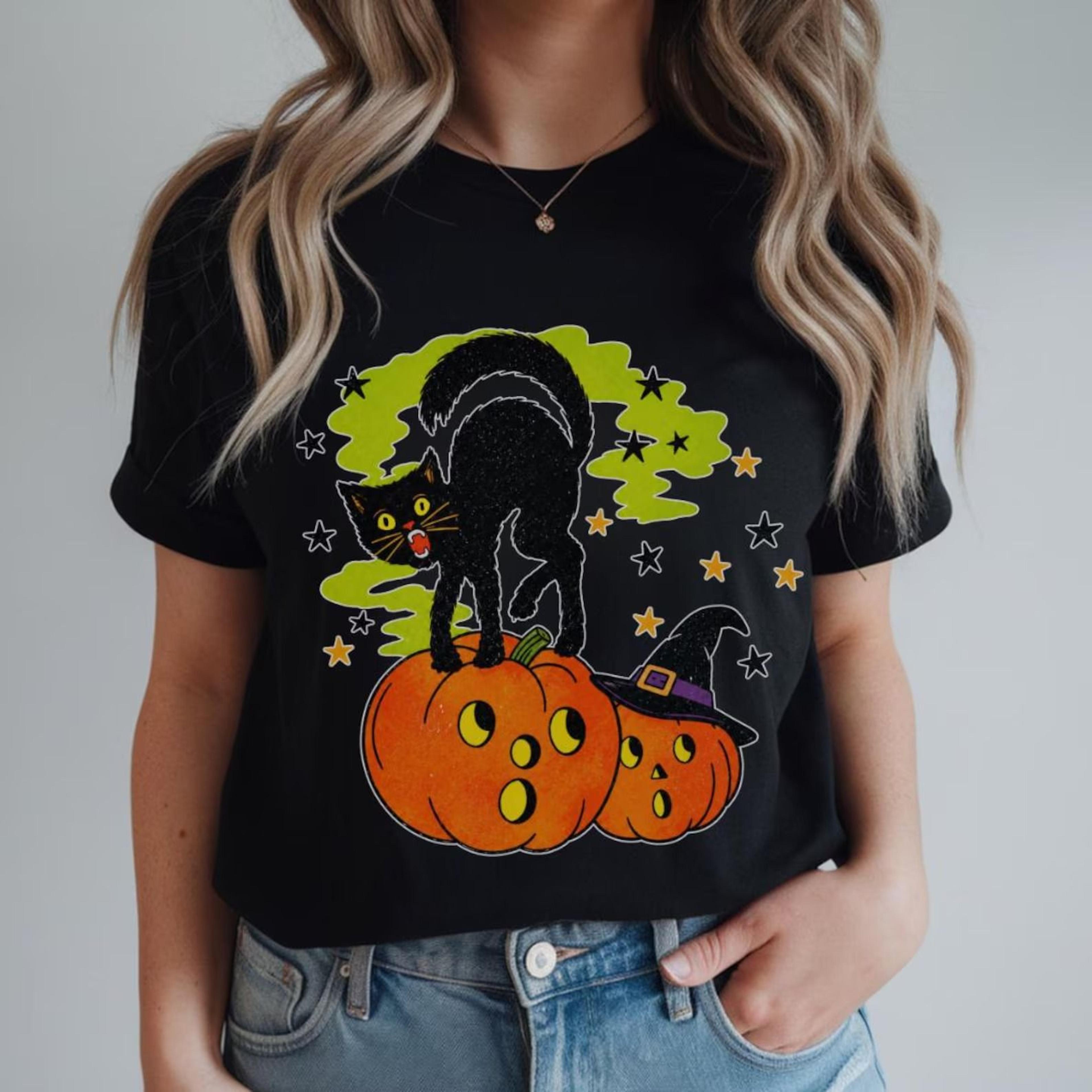 black cat & pumpkin shirt, halloween shirt, spooky season shirt gothic shirt, cat lover gift, black cat tee, women's ha