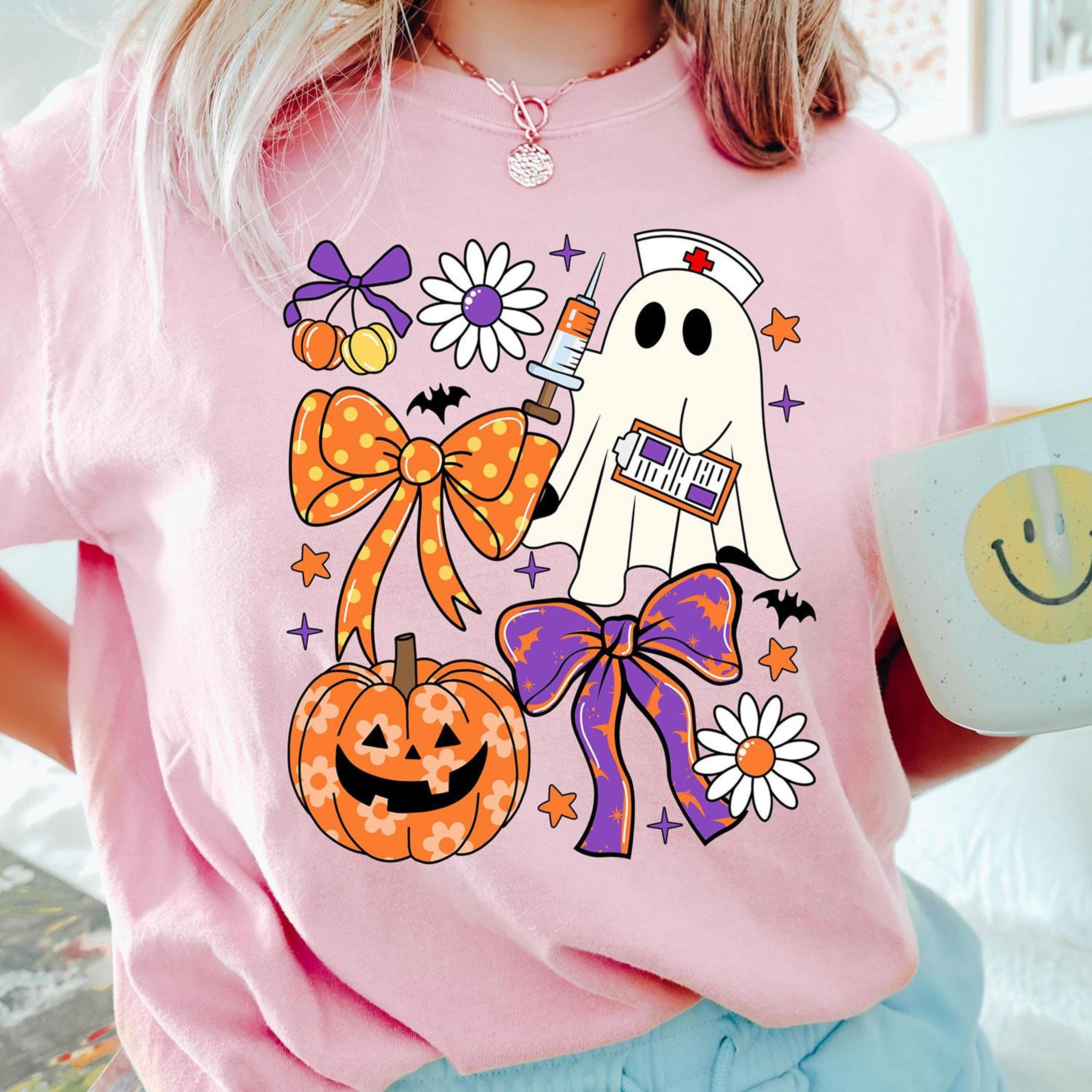 coquette bow ghost nurse shirt floral pumpkin halloween nurse tee
