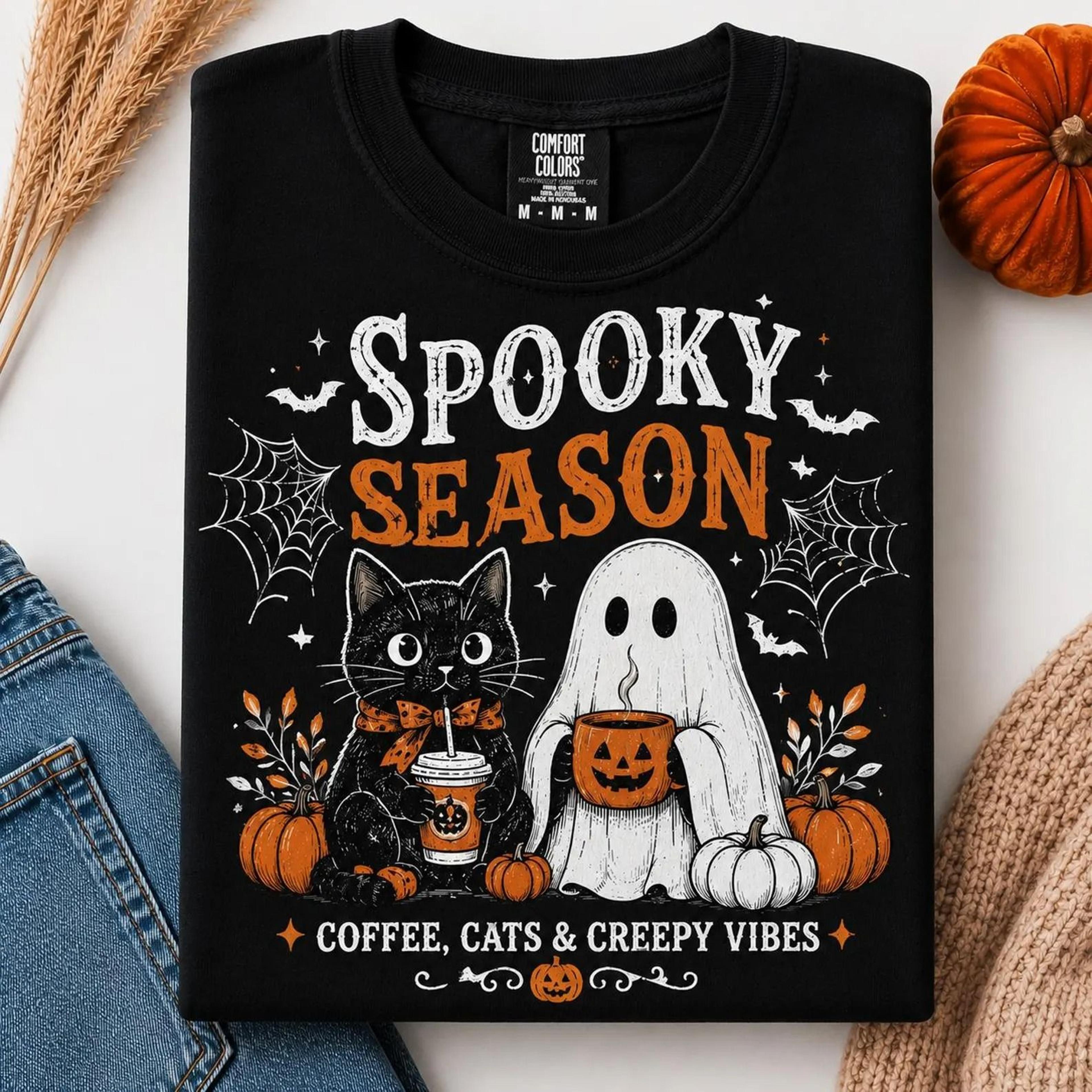 spooky season coffee cats & creepy vibes shirt, cute black cat ghost halloween tee