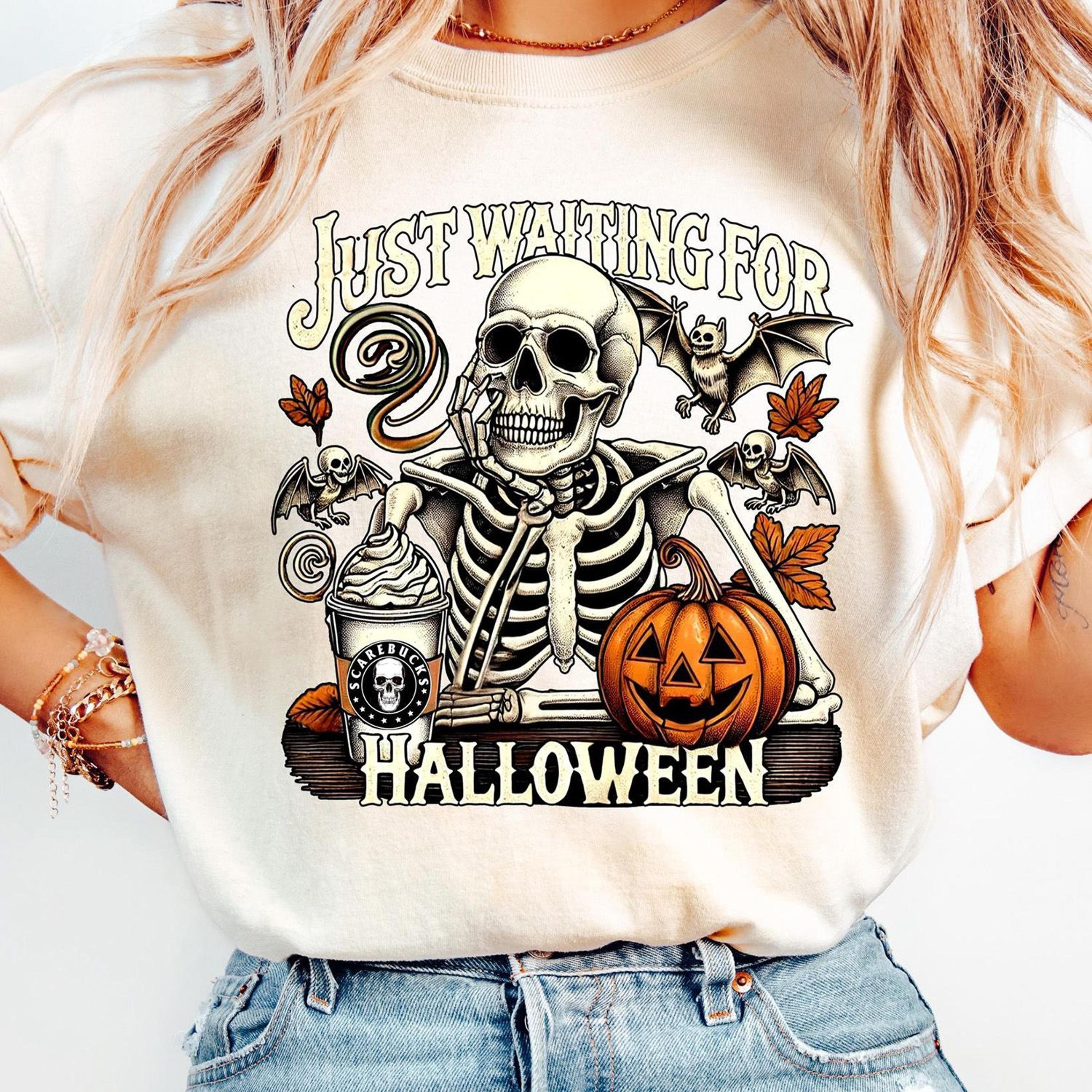 just waiting for halloween shirt funny skeleton pumpkin retro fall tee
