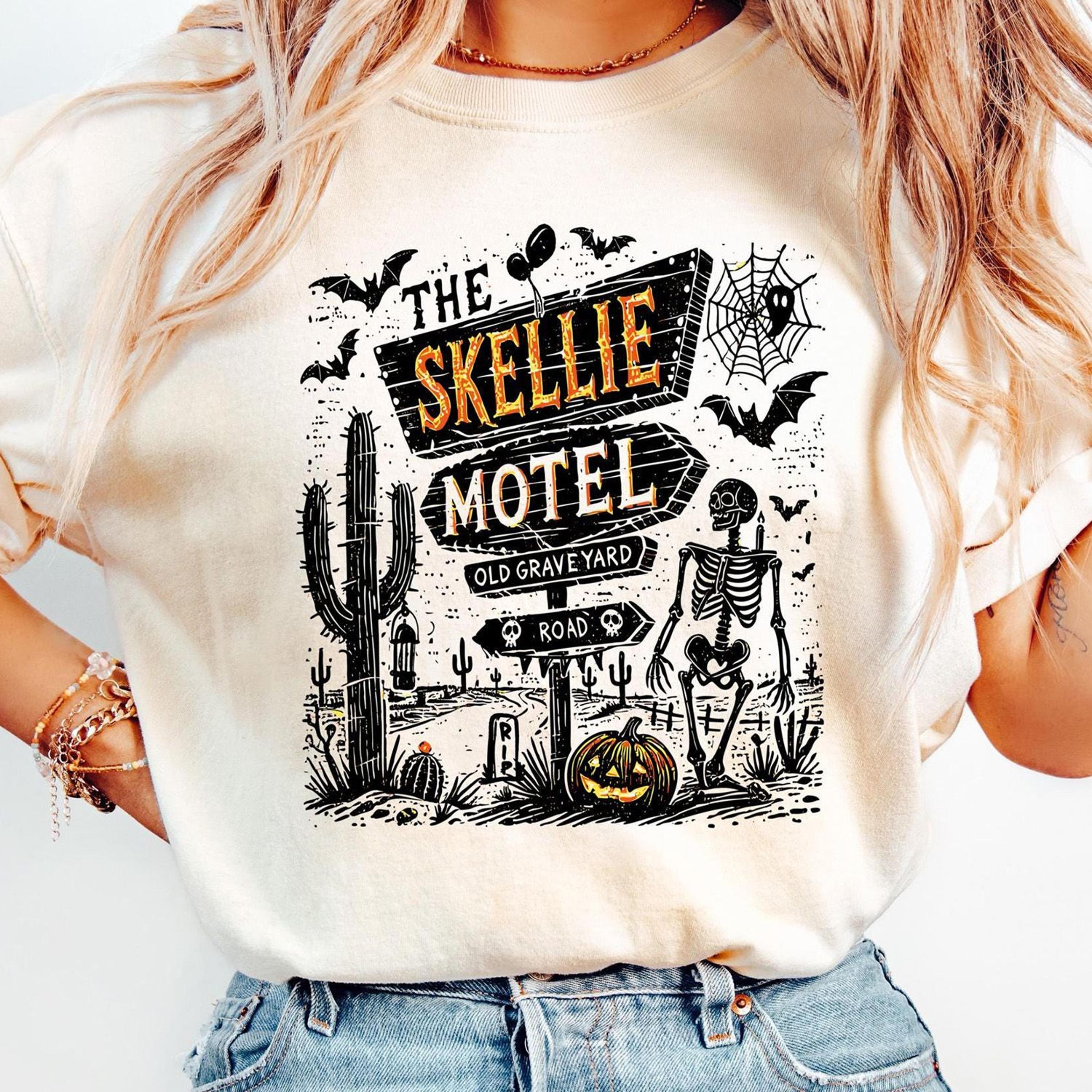 skellie motel retro skeleton shirt spooky desert halloween tee
