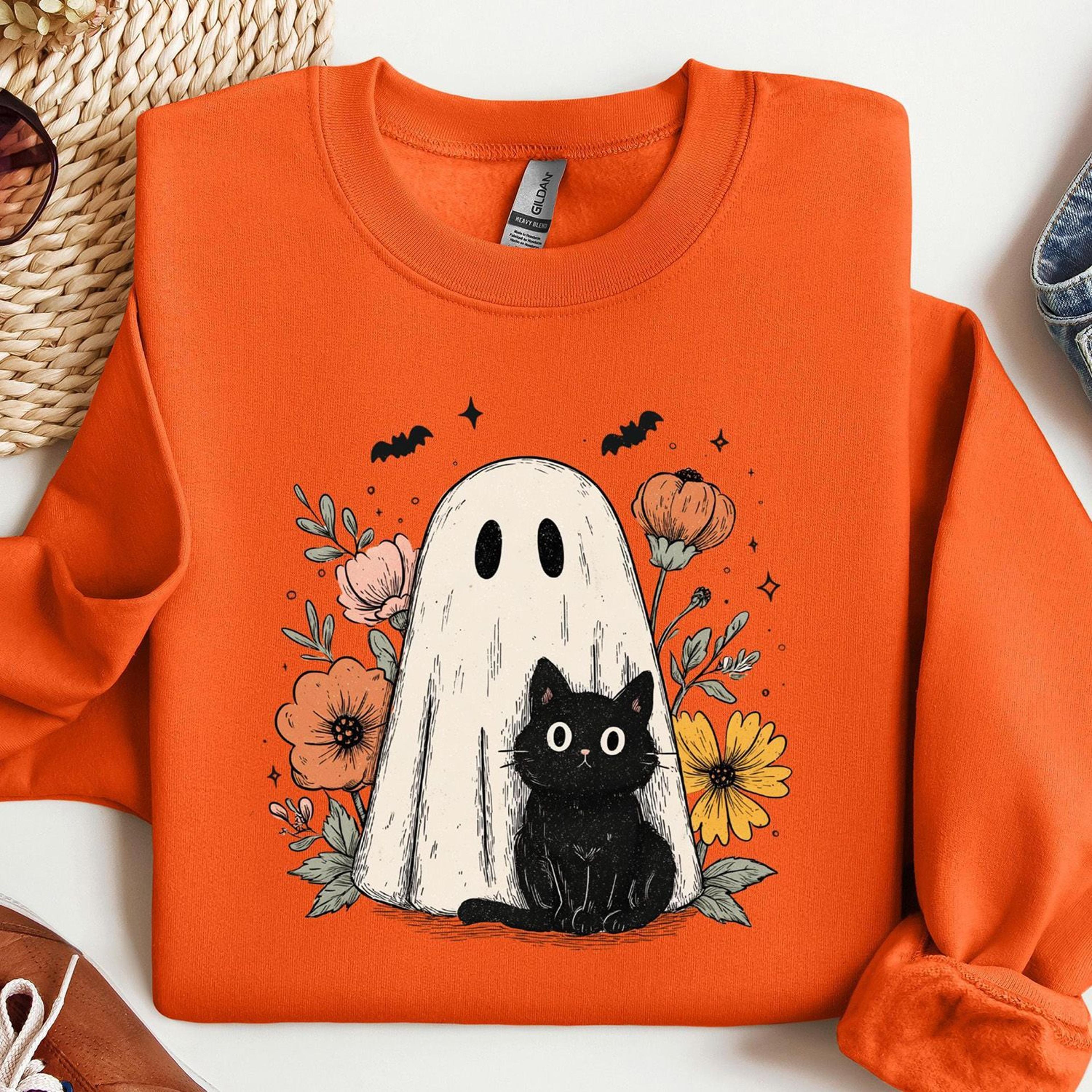 floral ghost cat halloween shirt cute black cat spooky fall tee
