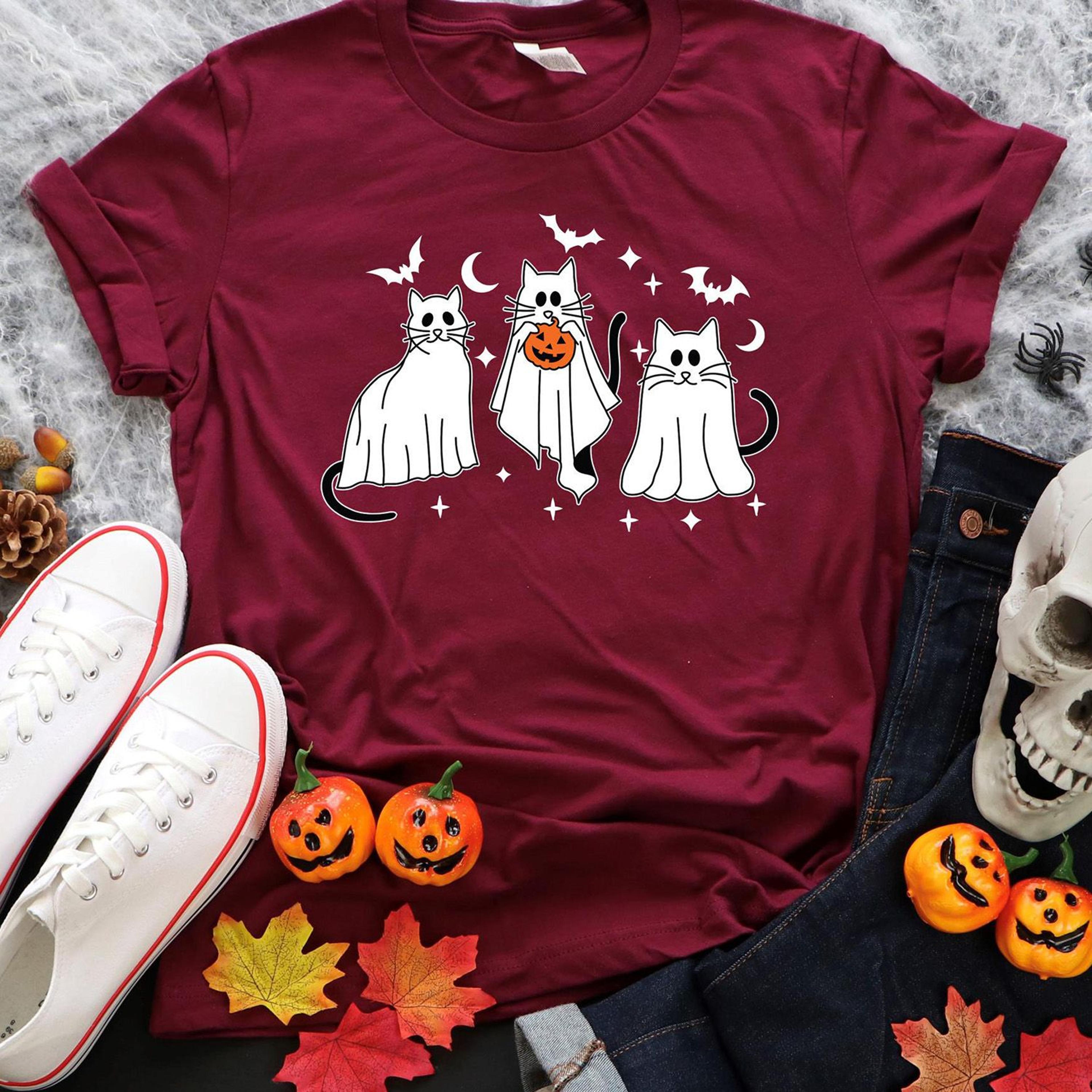 cute ghost cat shirt retro halloween cat spooky season tee