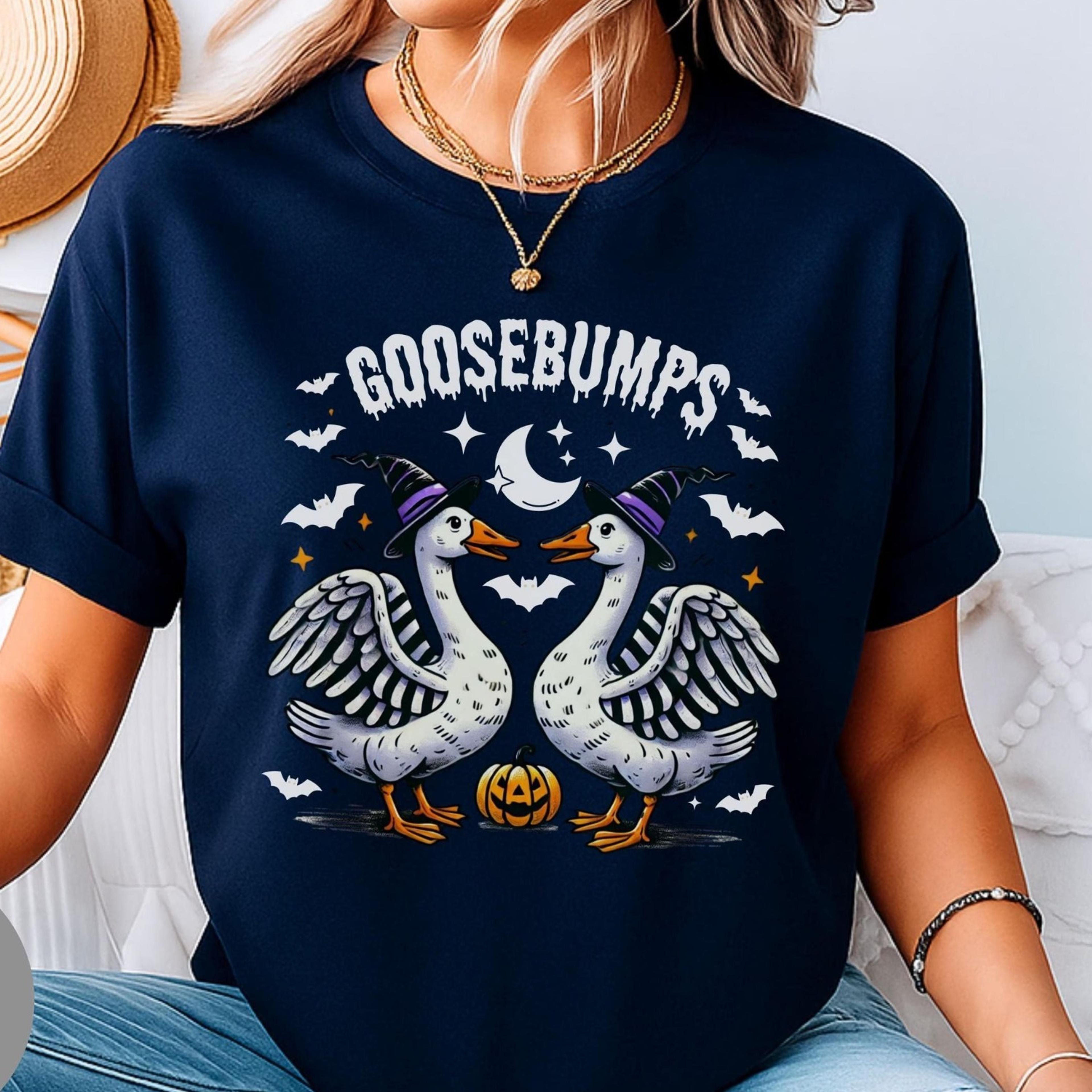 spooky goose witch hat halloween shirt, funny goose tee, cute pumpkin jack o lantern top, unisex crewneck halloween tshi