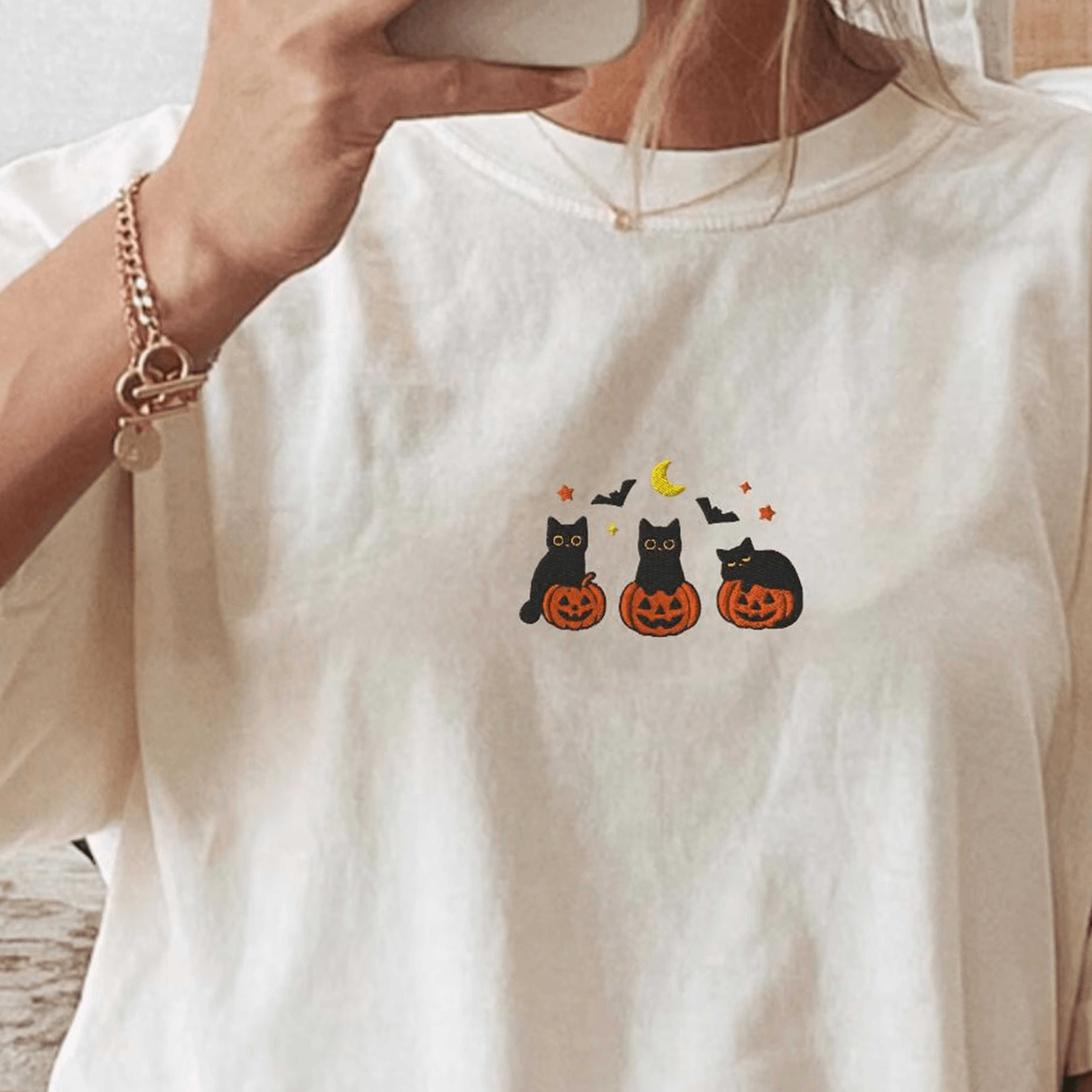 black cats and pumpkins tee, embroidered halloween shirt, cute spooky t-shirt,1717, boo basket gift, coz