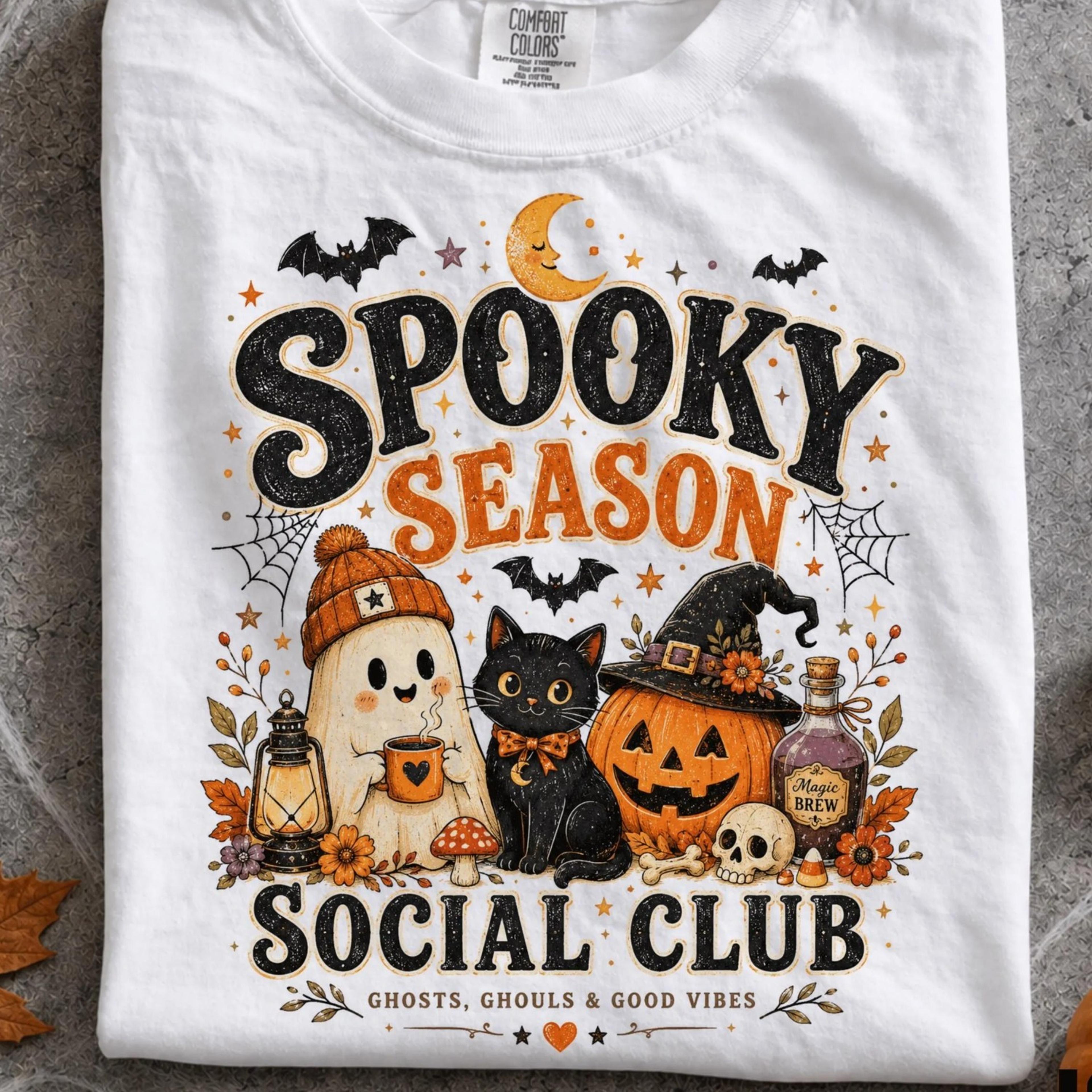 spooky season social club halloween shirt, cute ghost black cat pumpkin tshirt, vintage witchy fall graphic tee, cozy sp