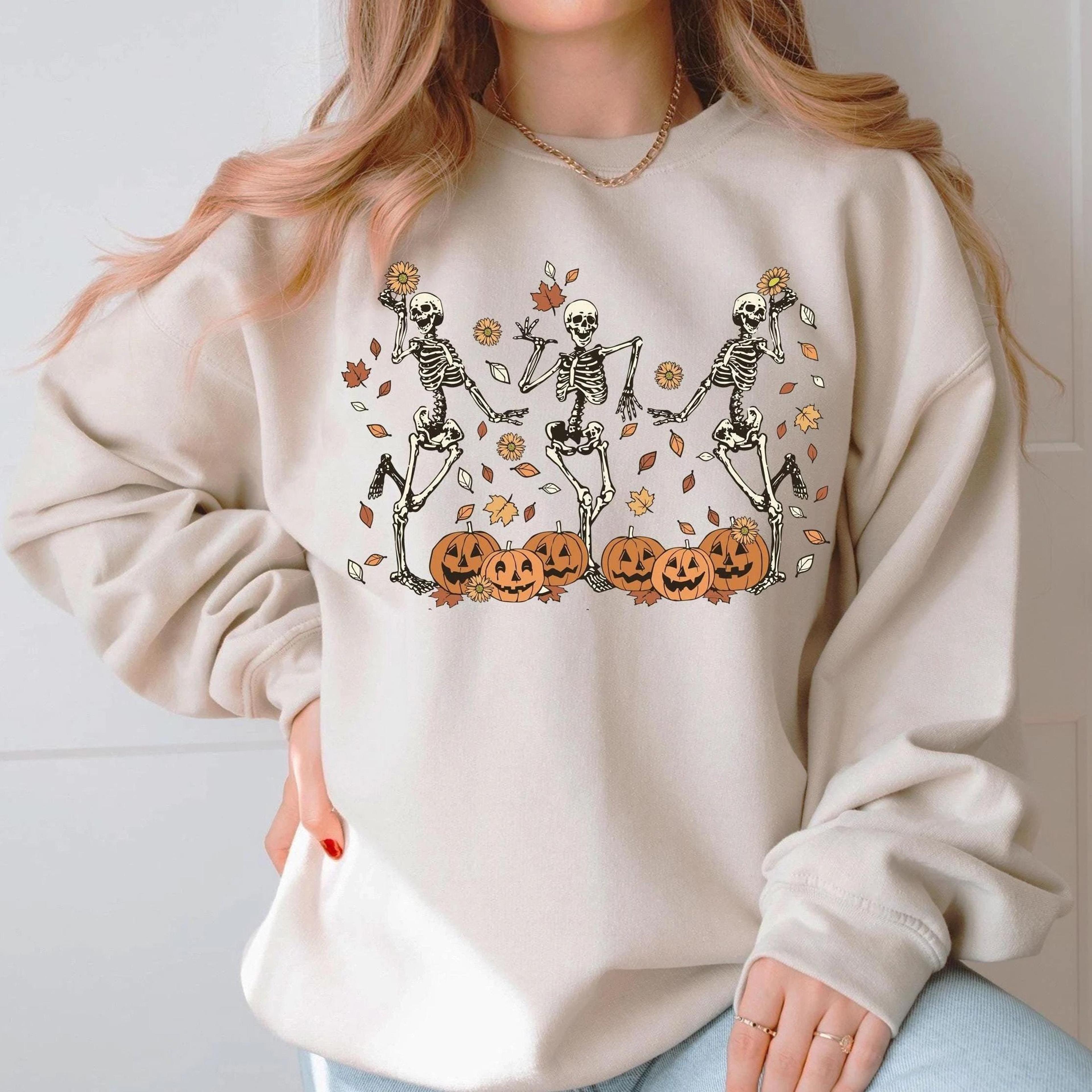 halloween shirt, dancing skeleton halloween sweatshirt spooky season fall tee pumpkin black cat shirt