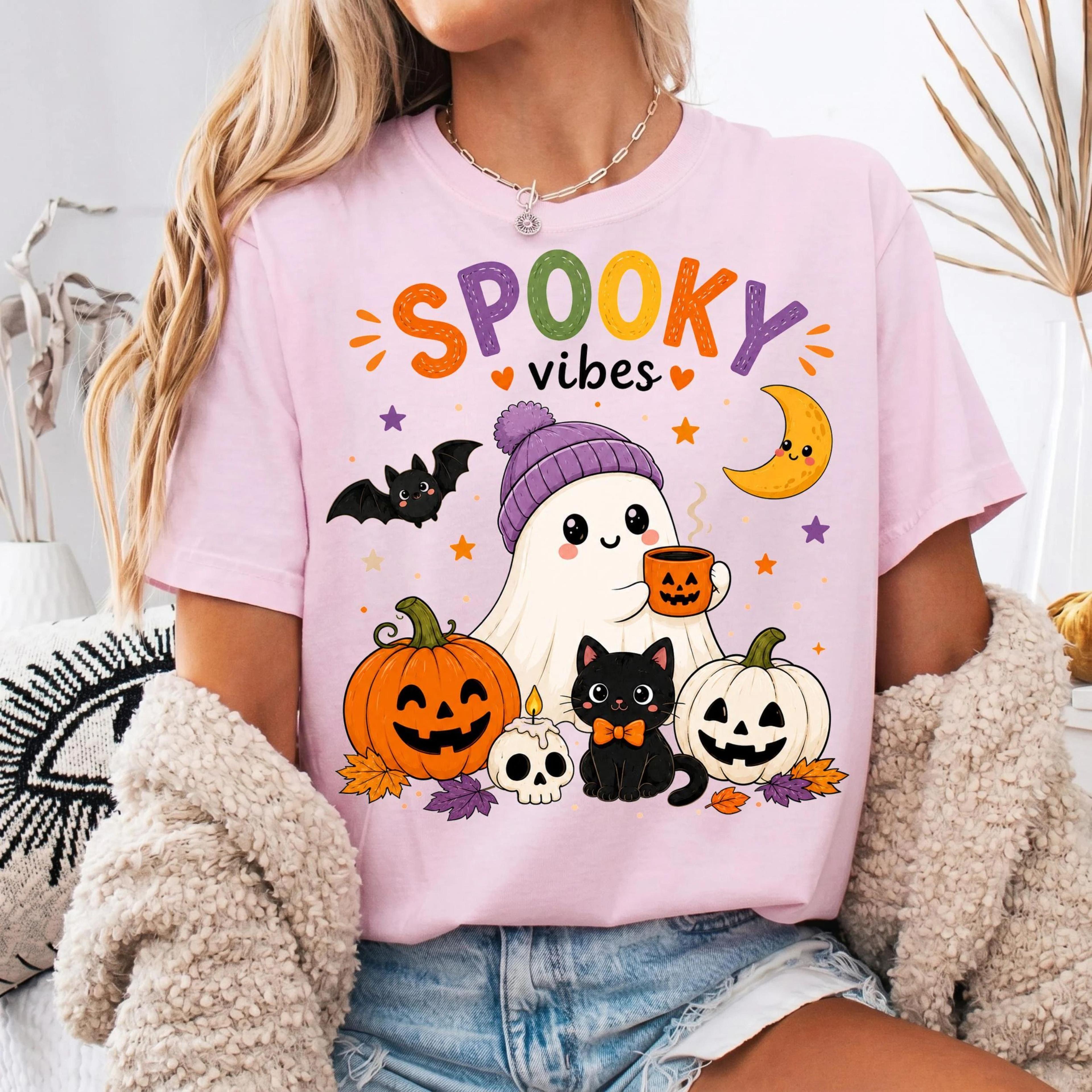 cute ghost halloween shirt,spooky vibes shirt,halloween tee,pumpkin ghost,fall ghost graphic tee,cute pumpkin shirt,hall