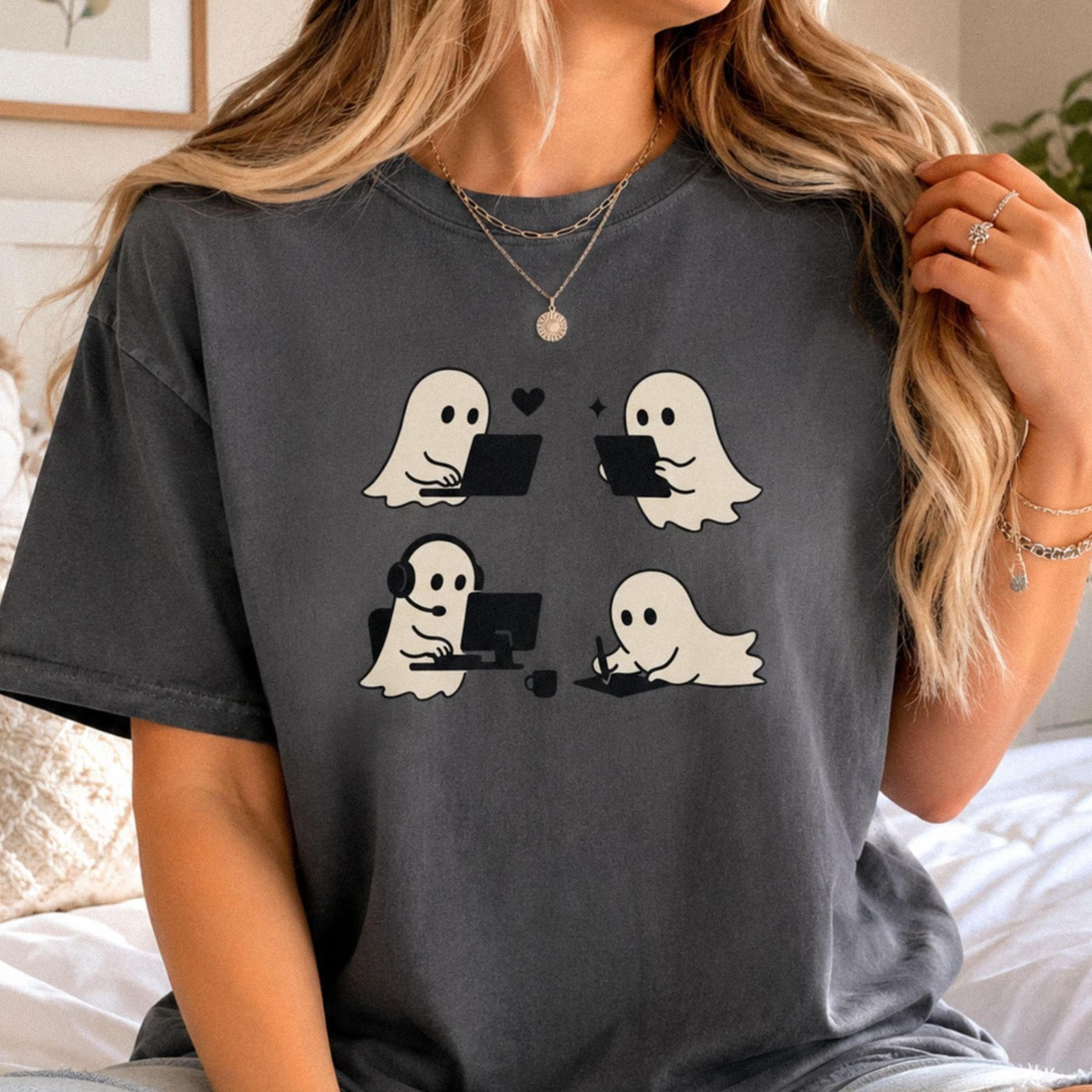 working ghost shirt, funny halloween shirt, spooky season graphic shirt, cozy fall unisex tee