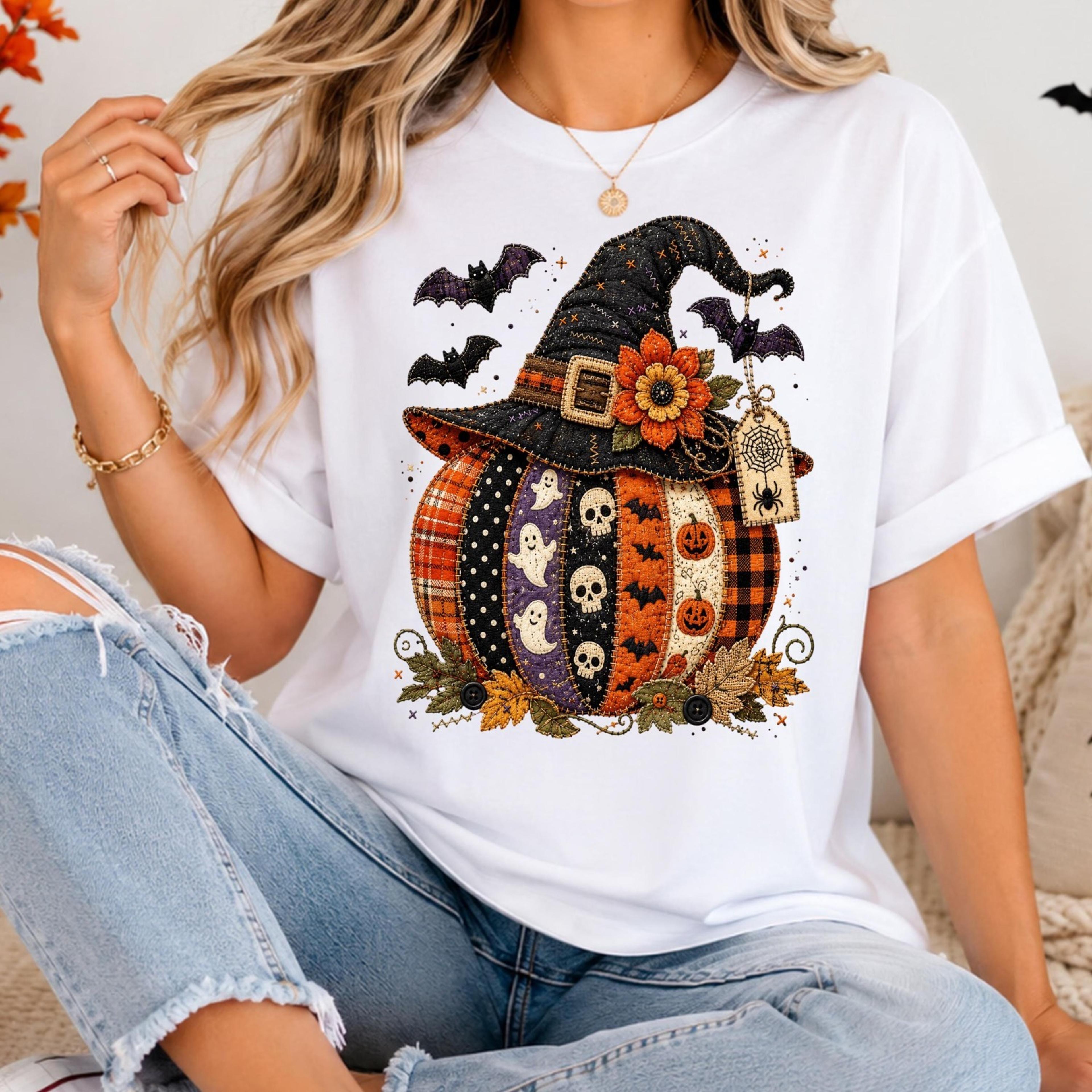 patchwork pumpkin halloween shirt, spooky pumpkin tee,witch hat pumpkin shirt, halloween patchwork tee, cute halloween t