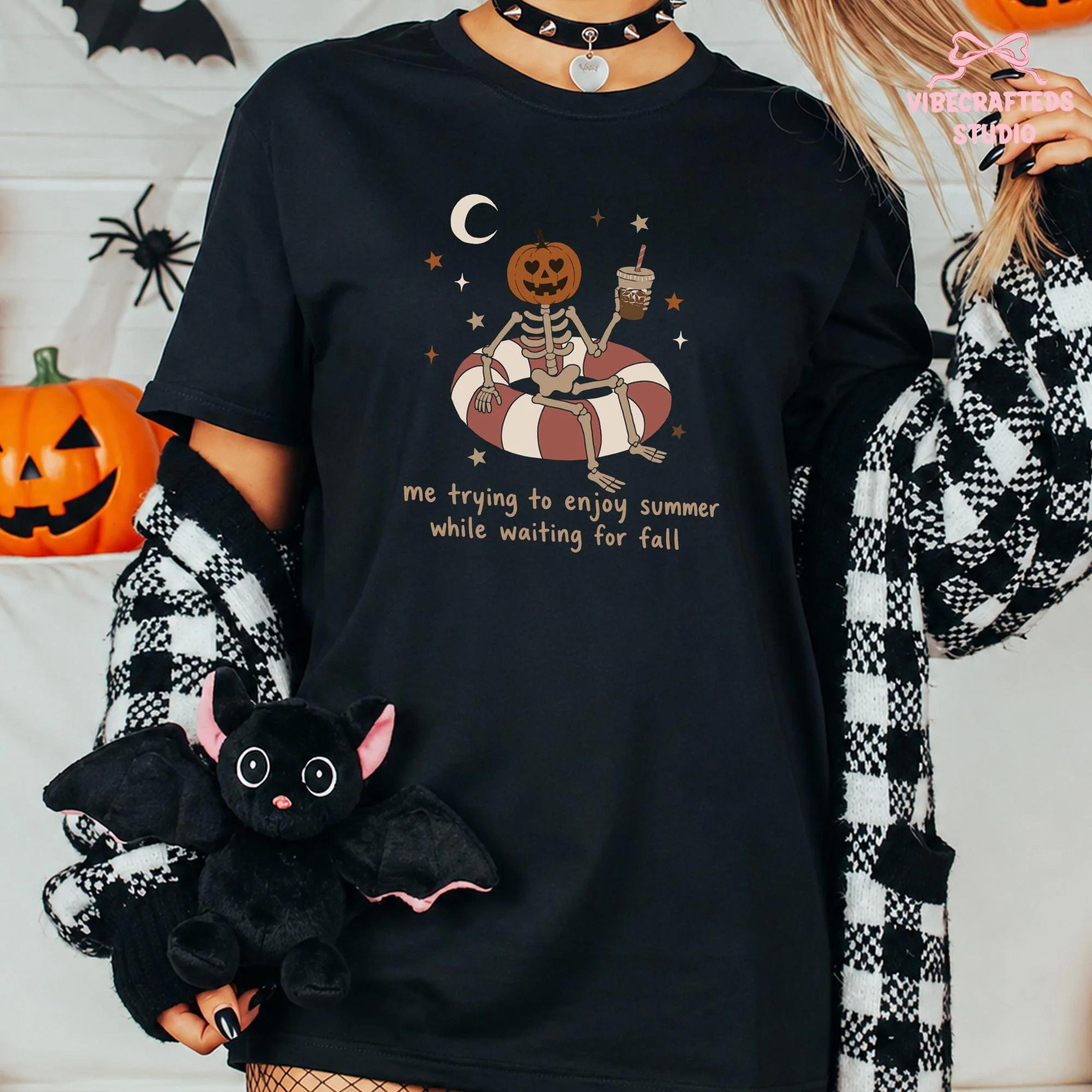 summerween skeleton shirt, me trying to enjoy summer while waiting for fall tee, pumpkin head halloween comfort colors,