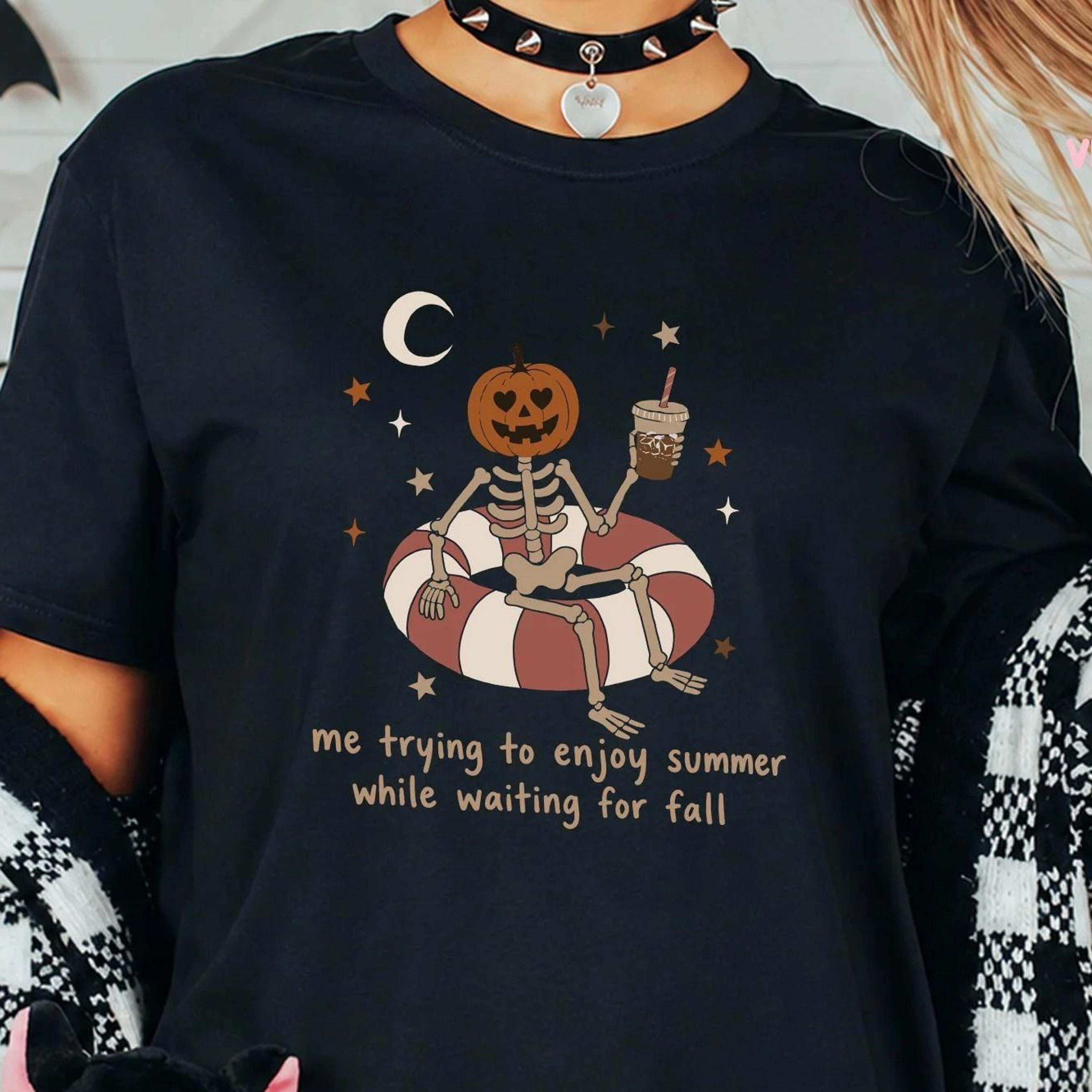 summerween skeleton shirt, me trying to enjoy summer while waiting for fall tee, pumpkin head halloween comfort colors,