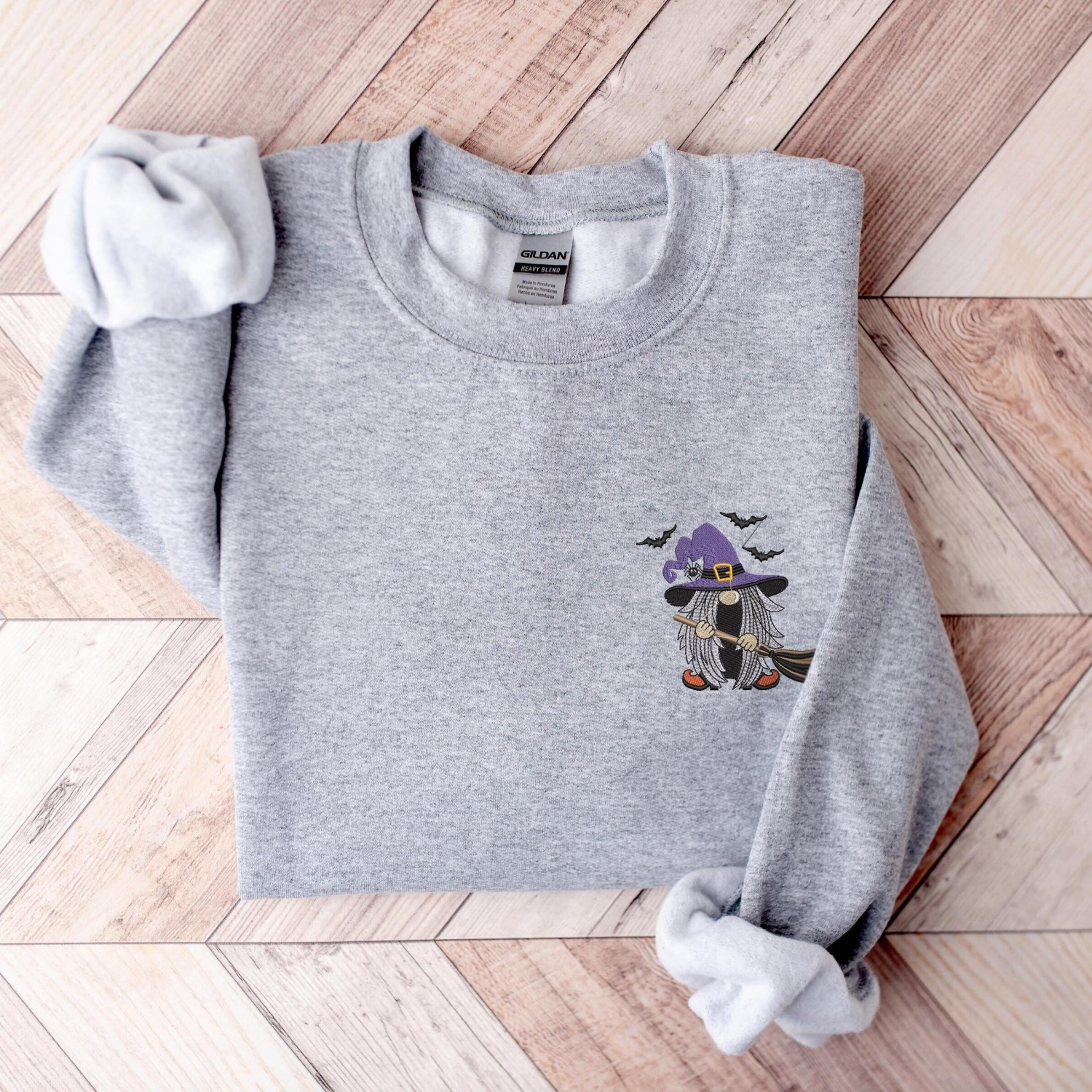 embroidered witch halloween sweatshirt funny gnome spooky crewneck
