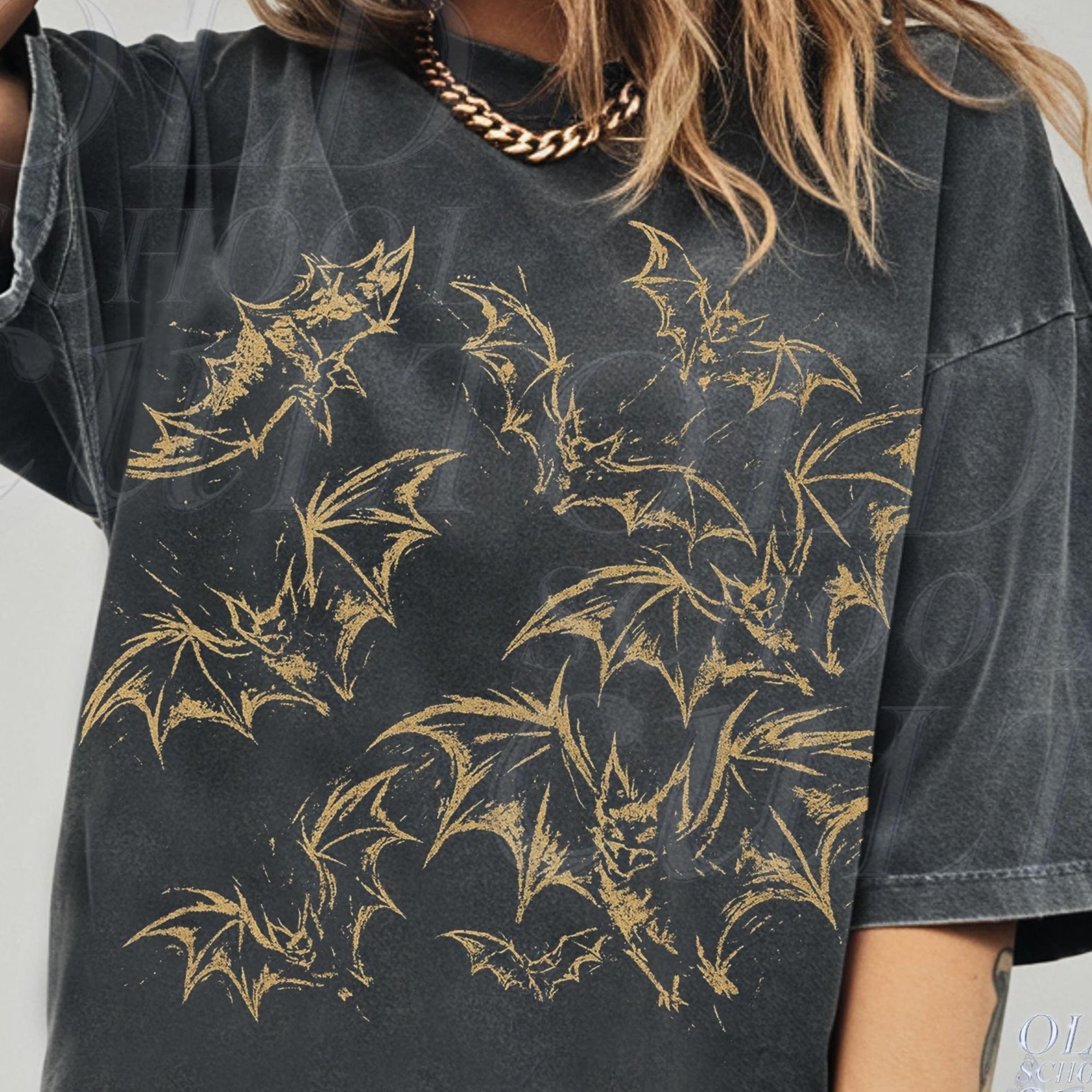 vintage halloween bat 90s shirt, spooky y2k 90s t-shirt, bats print top, y2k unisex garment-dyed grunge oversized shirt,