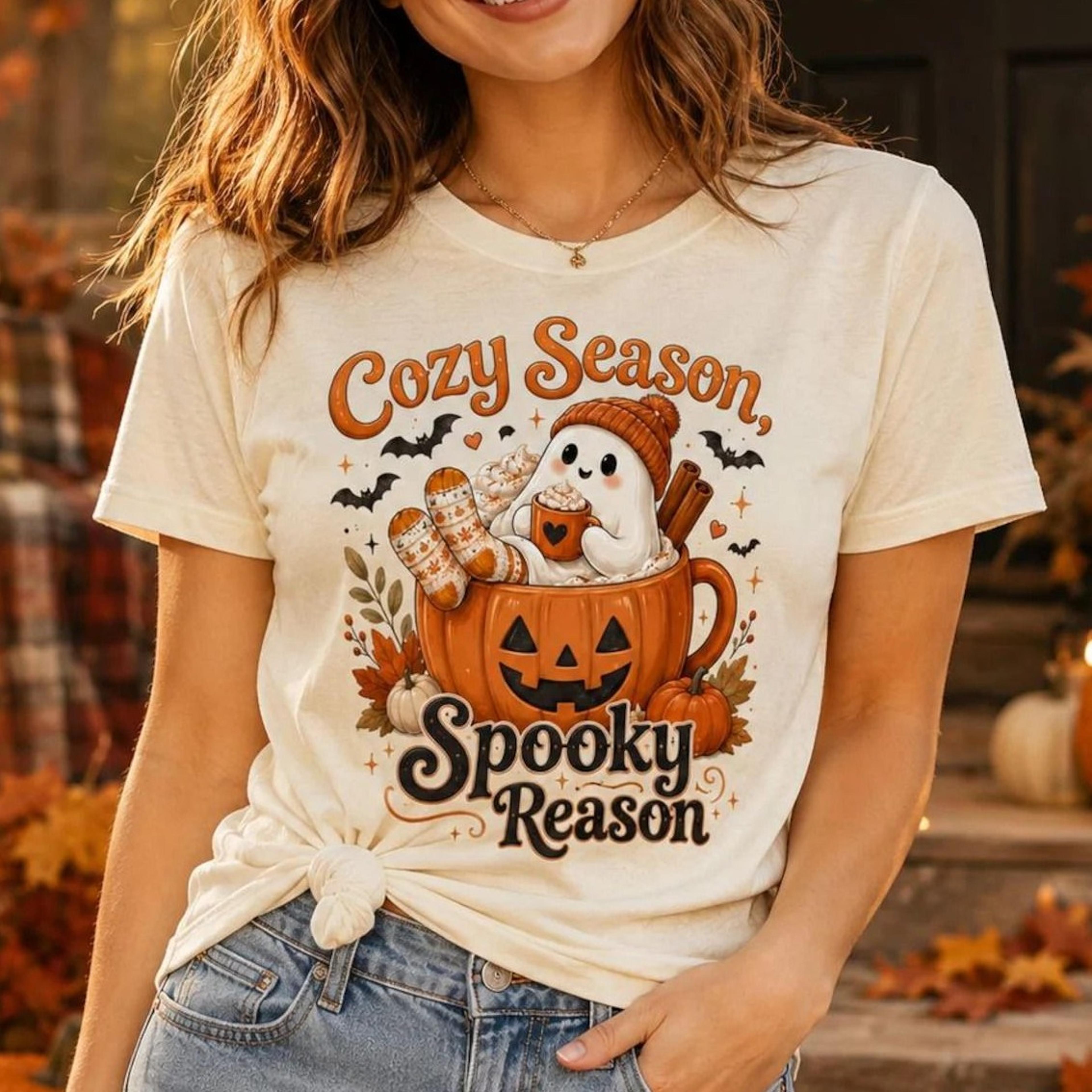 cozy ghost pumpkin spice halloween shirt, spooky fall graphic tee