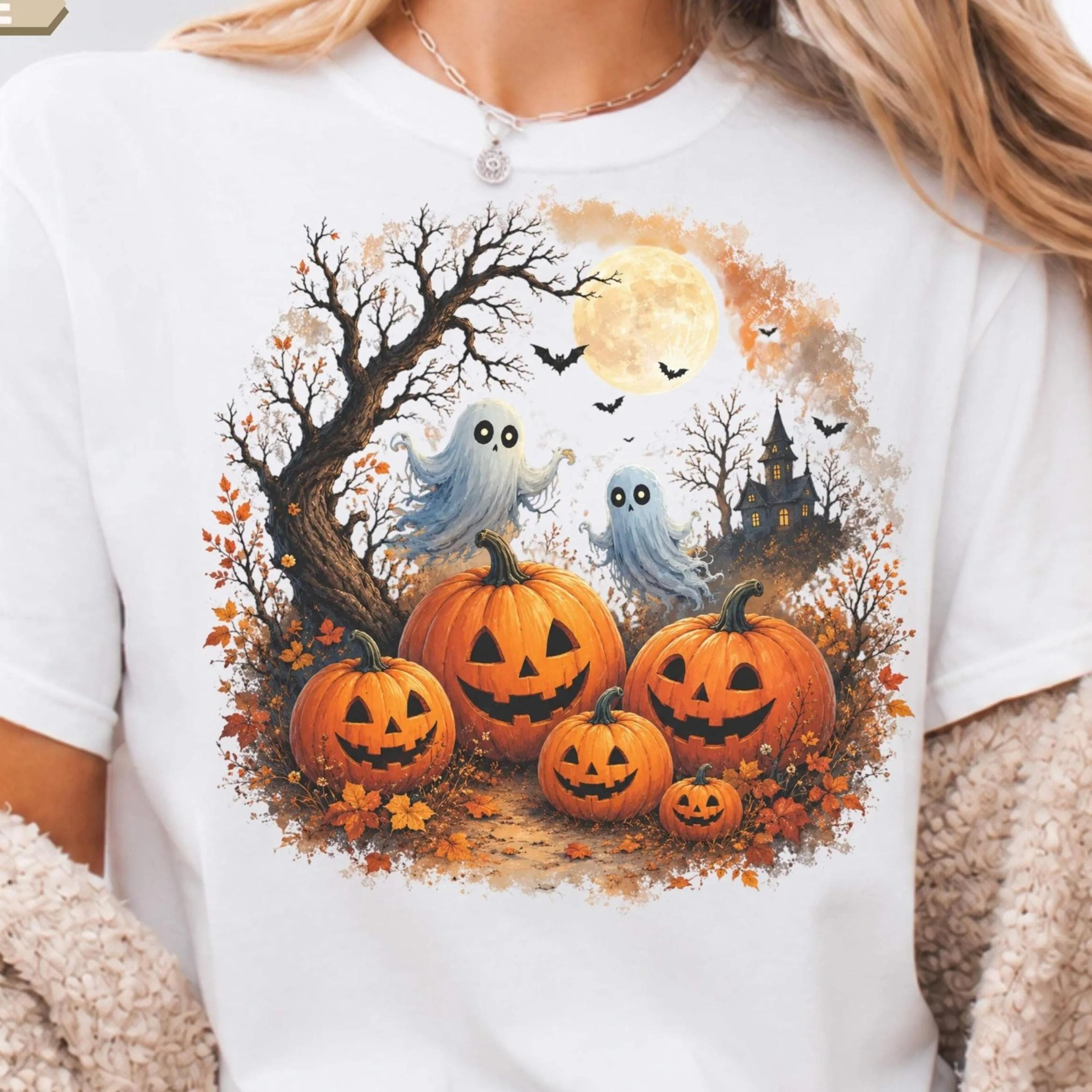 ghost pumpkin halloween shirt, vintage spooky season graphic tee ellyteus