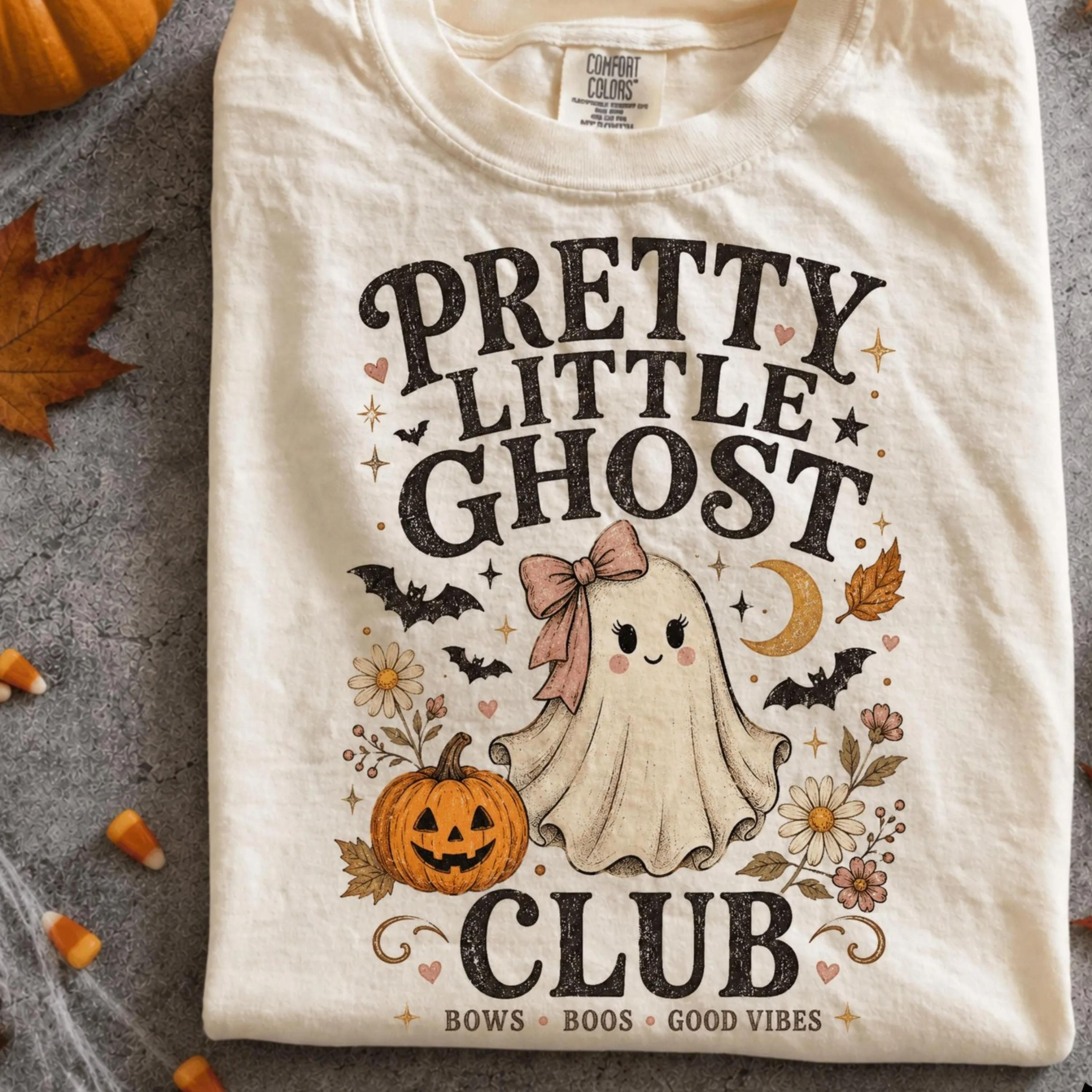 pretty little ghost club halloween shirt, cute ghost pumpkin tshirt, coquette spooky season tee, vintage girly halloween