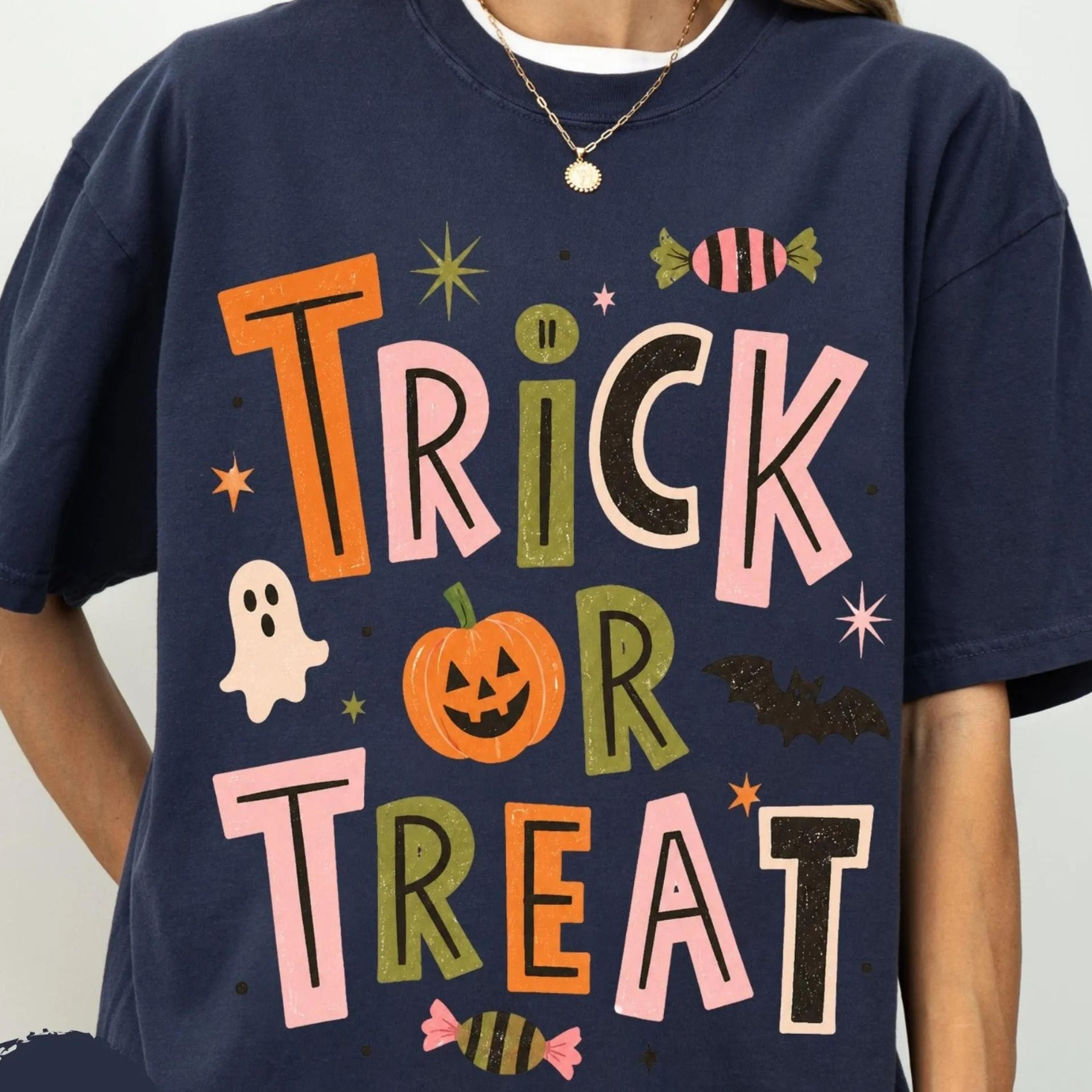 trick or treat shirt, vintage halloween graphic tee, retro pumpkin season apparel, spooky season gift, fall aestheti
