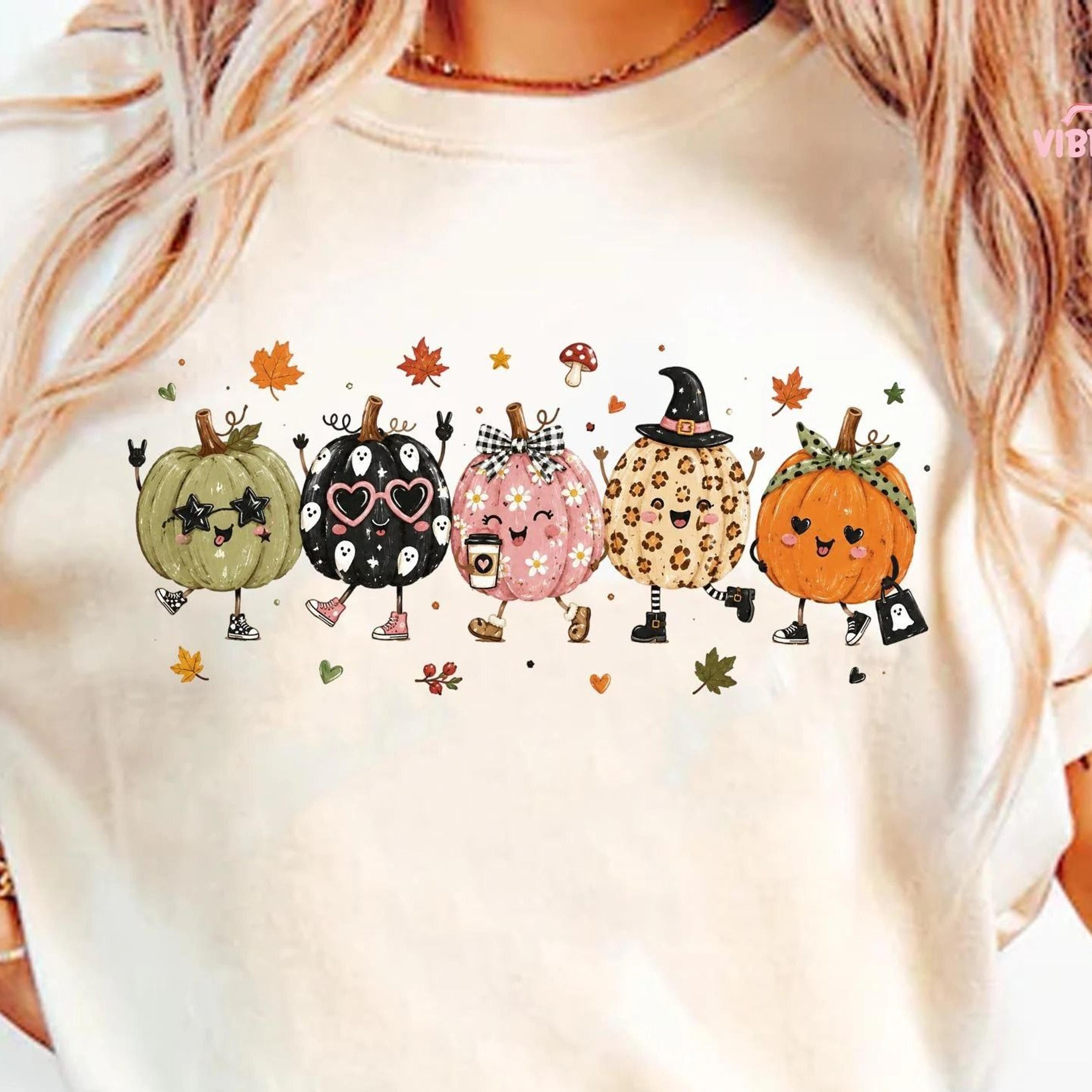 cute halloween pumpkins shirt, kawaii pumpkin friends tee, spooky season fall graphic shirt, ghost pumpki