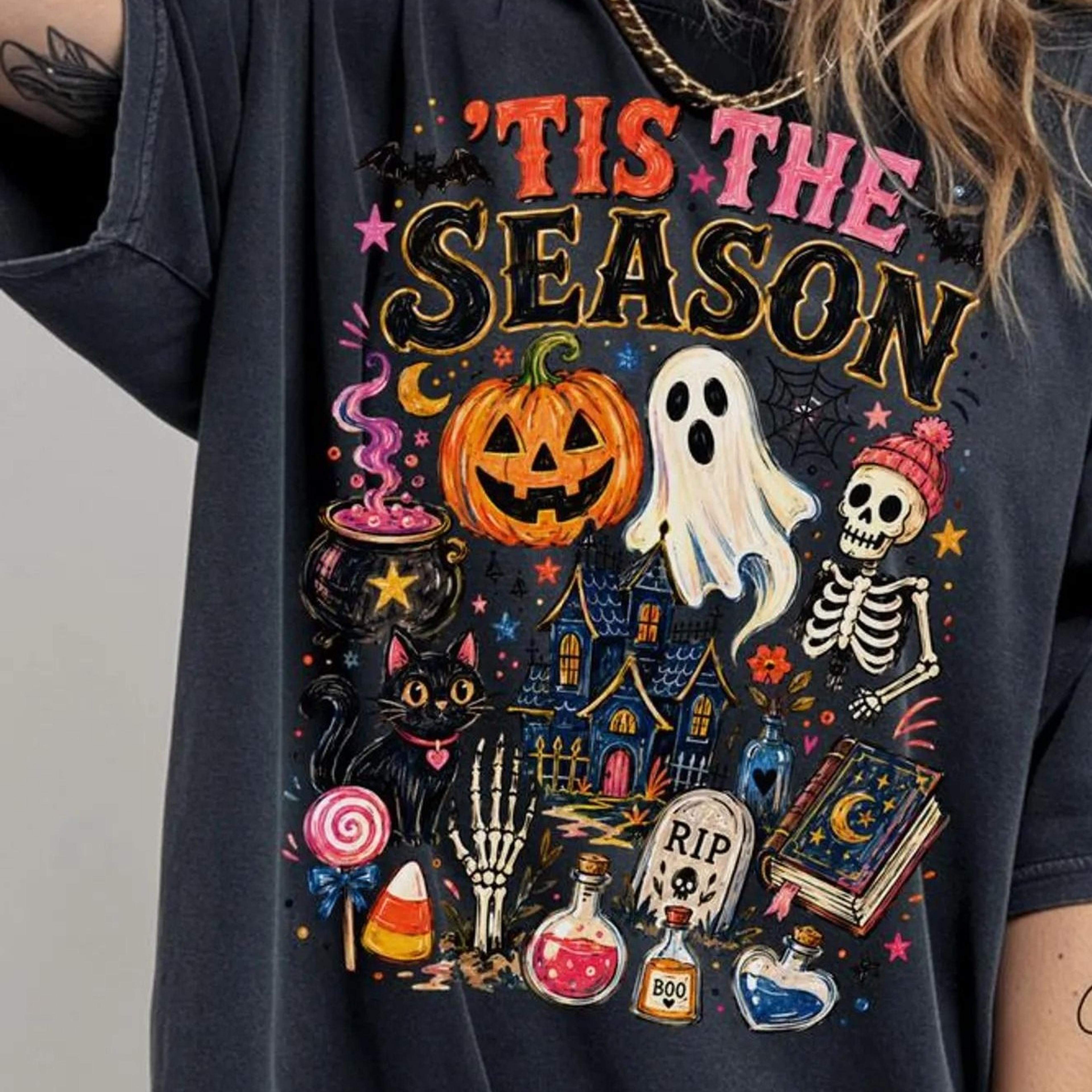 tis the season halloween graphic tee, spooky season shirt, pumpkin and ghost t-shirt,