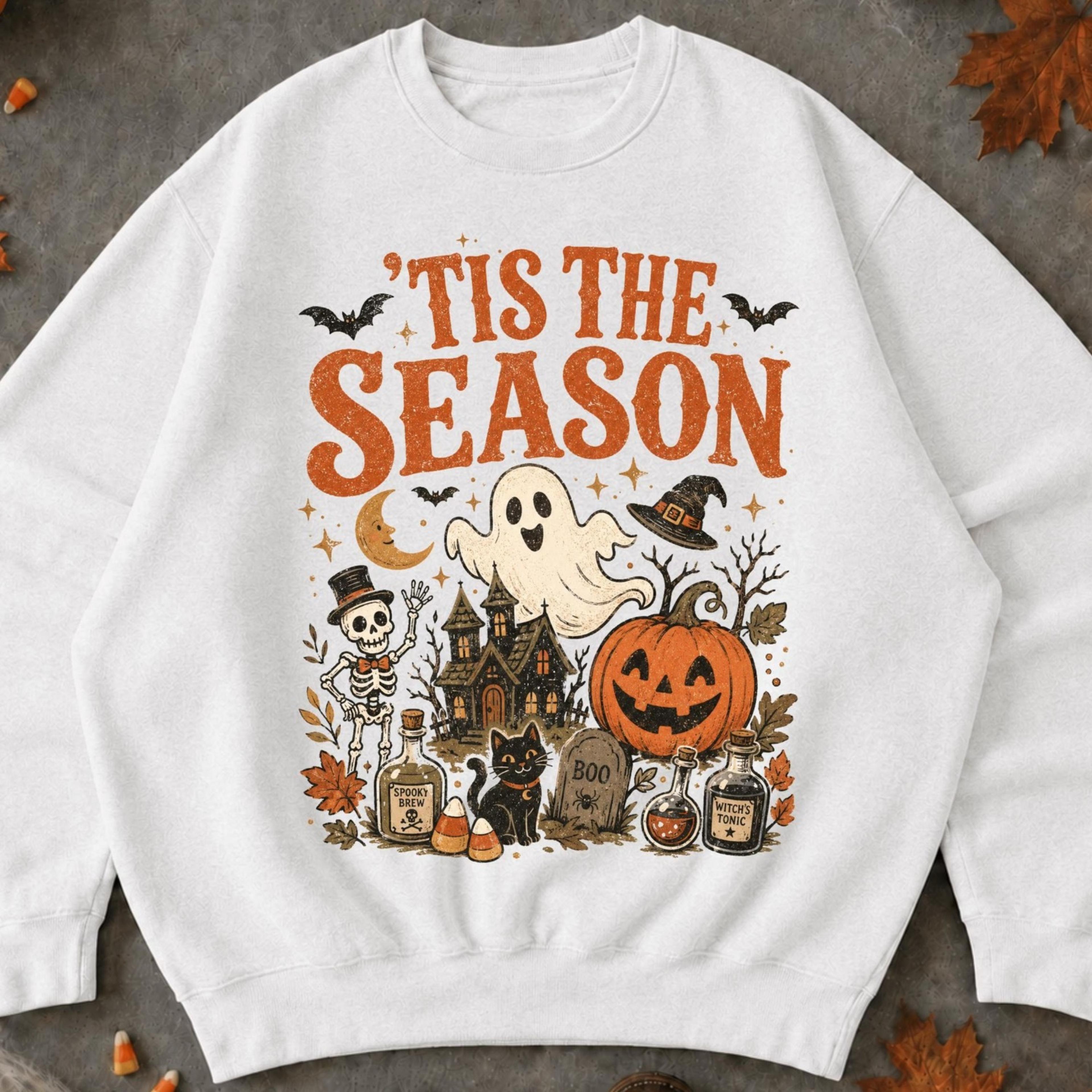 tis the season halloween shirt, cute ghost pumpkin tshirt, spooky season fall tee, vintage witchy skeleton graphic shirt