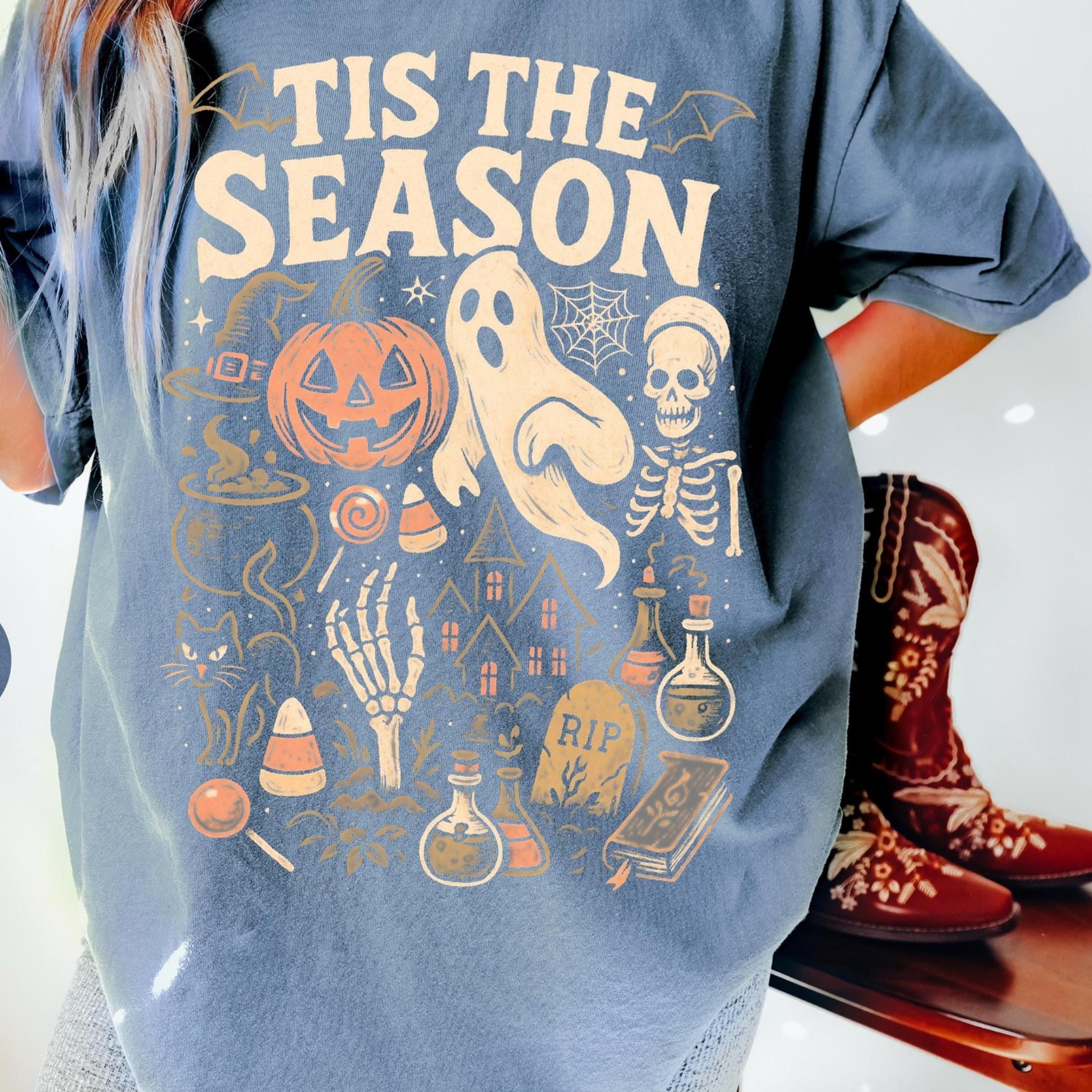 t shirt | retro 'tis the season skeleton pumpkin ghost halloween tshirt | y2k halloween | women's shirt
