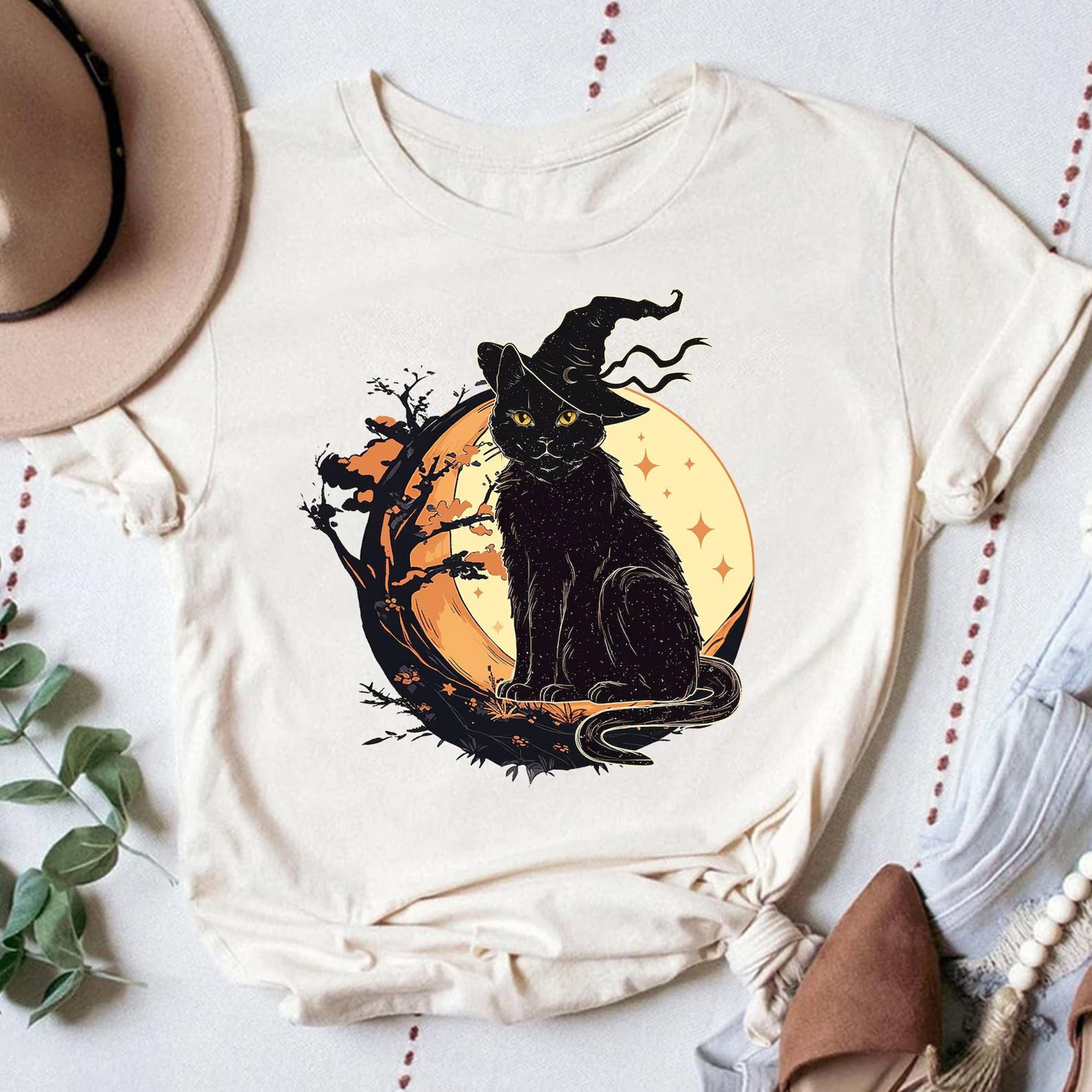 vintage black cat witch t-shirt retro halloween moon design