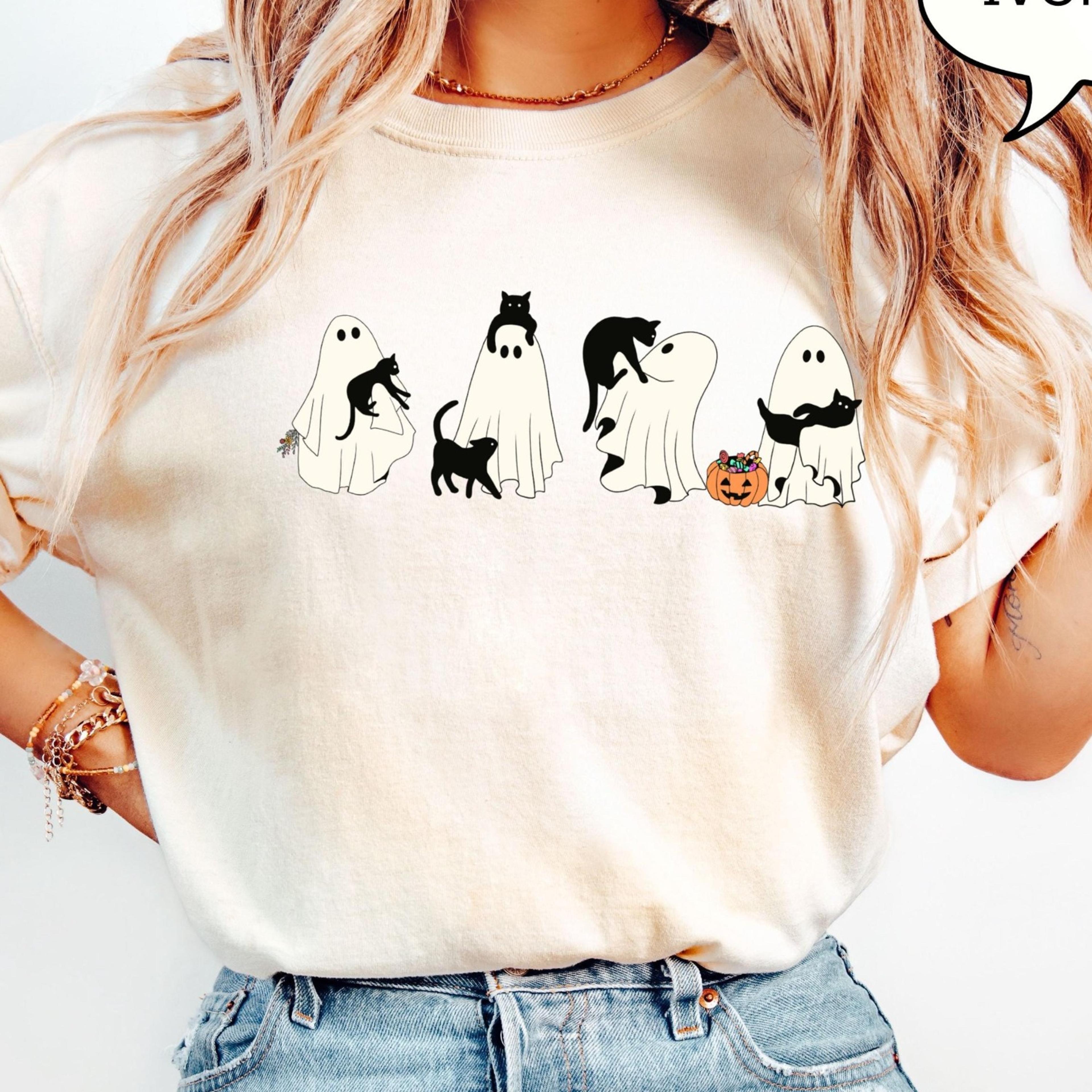 ghost and cat t shirt cute halloween ghost shirt spooky season cat graphic tee halloween cat gift
