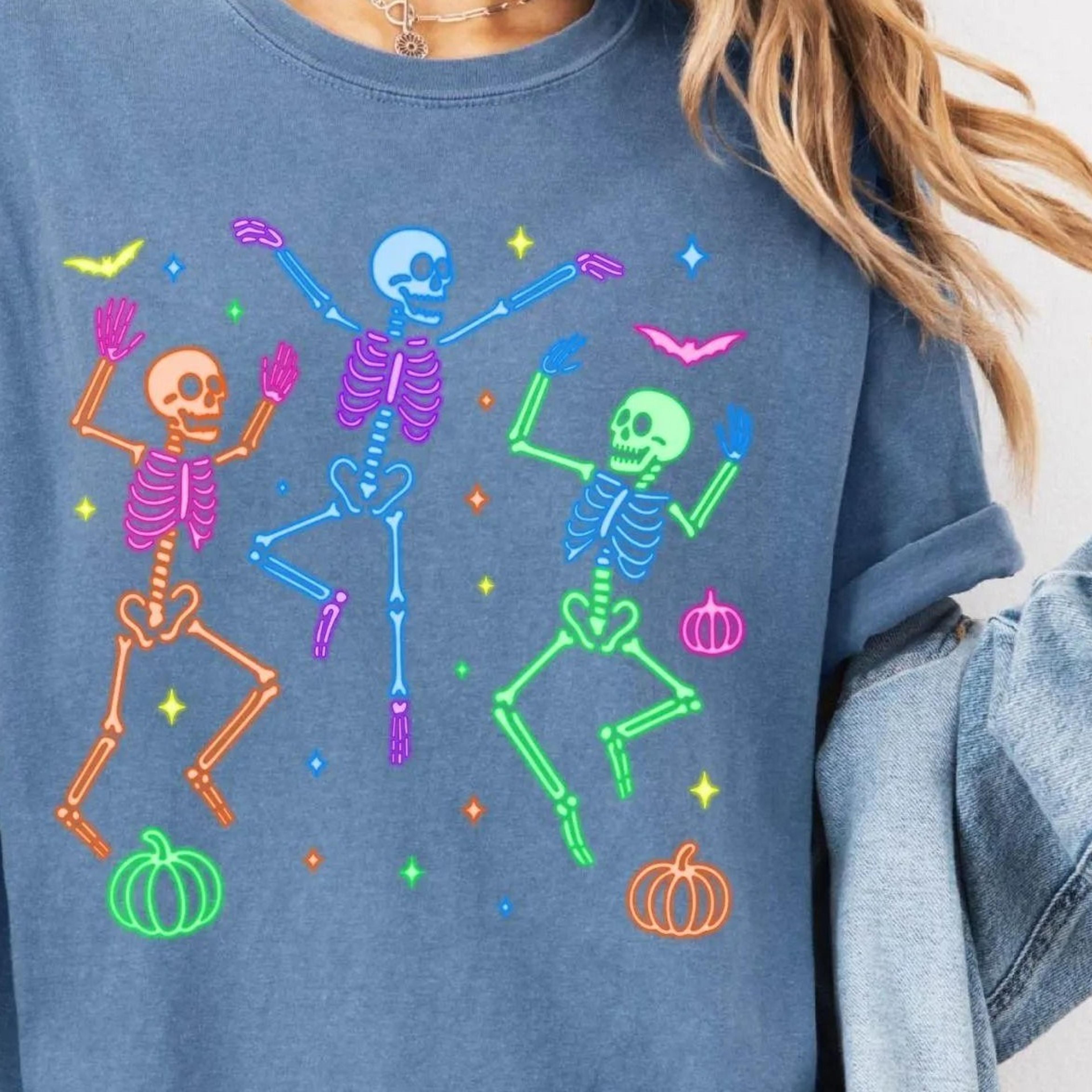 neon pumpkin skeleton halloween shirt, pumpkin halloween tee, neon halloween skeleton tee pumpkin shirt,spooky season s