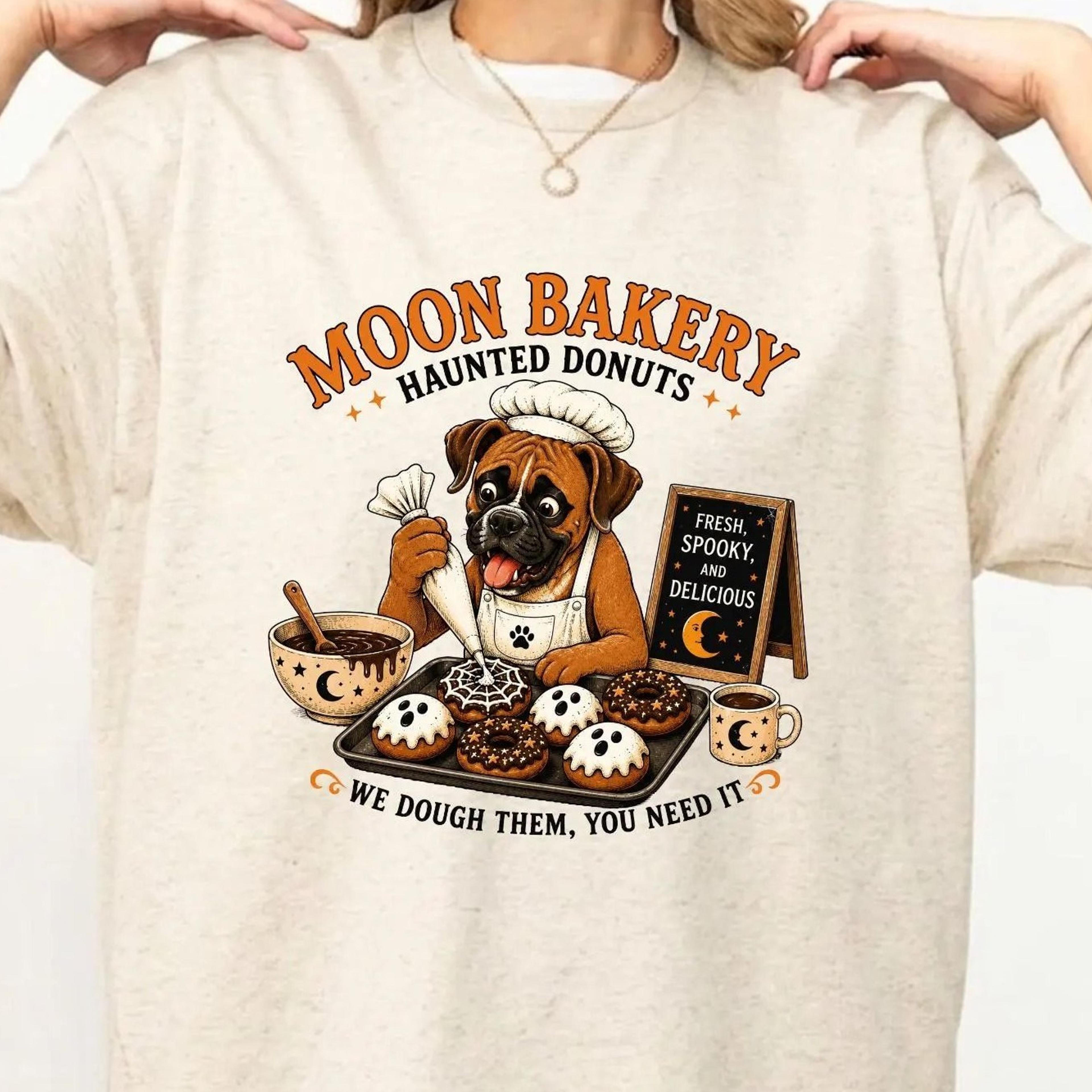 boxer dog moon bakery haunted donuts t-shirt – fresh spooky delicious bakery graphic tee